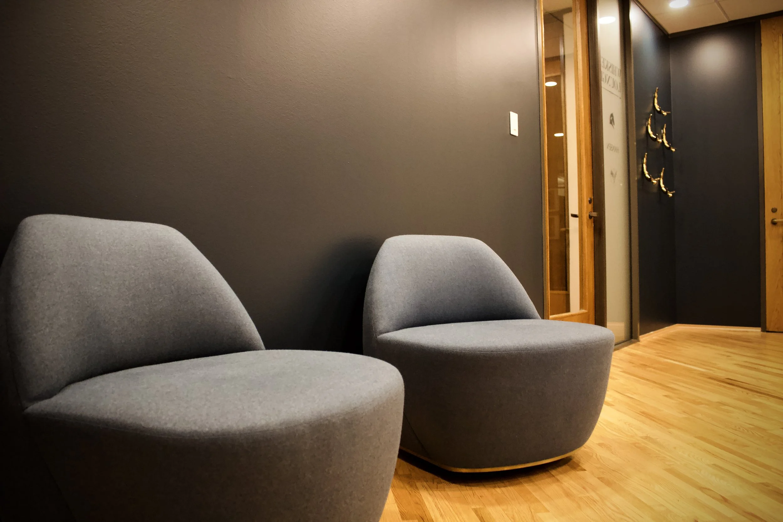 Two modern gray armchairs in a waiting area with a dark wall, wood flooring, entrance door, and decorative hooks mounted on the wall.