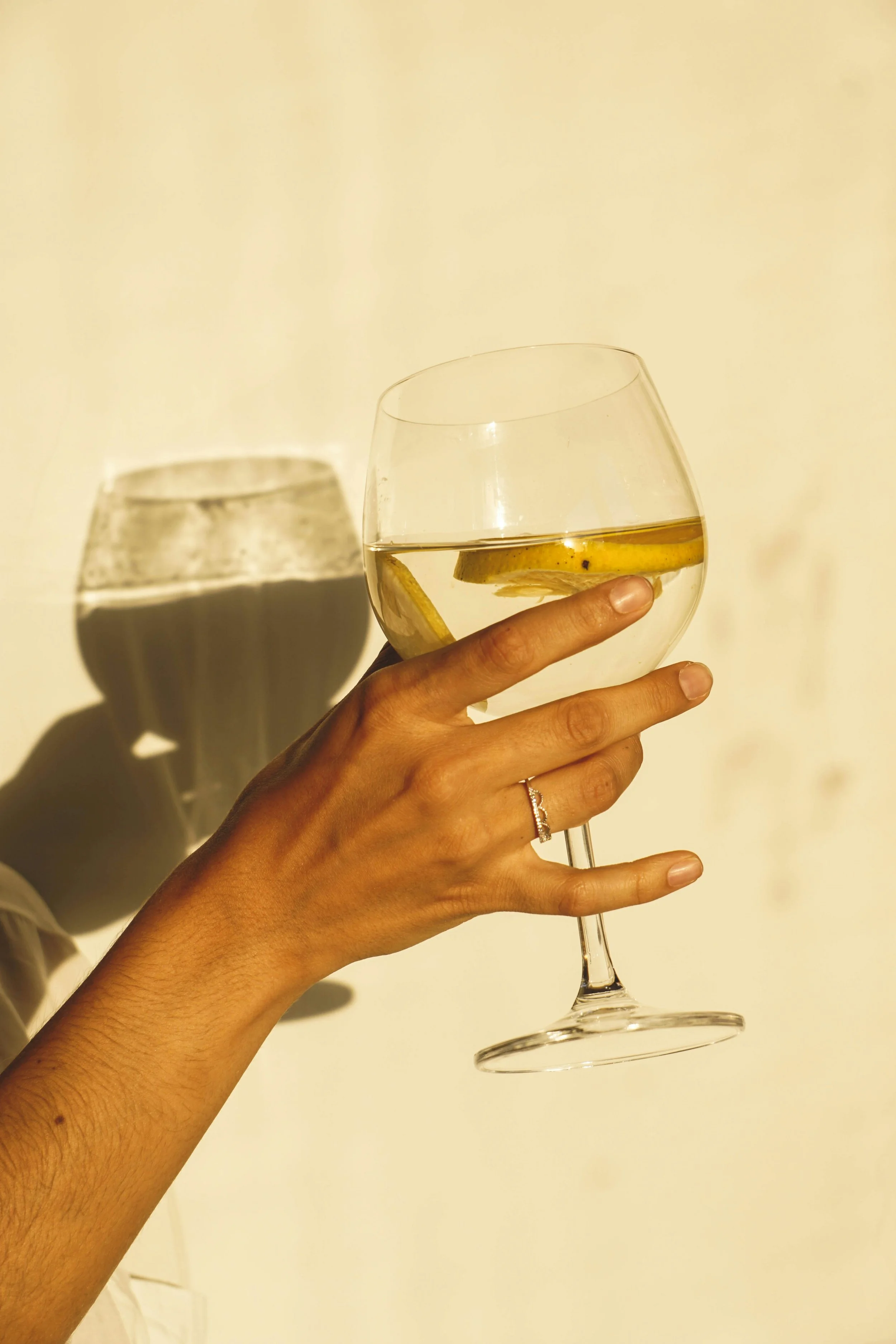 A hand holding a glass of white wine with lemon slices, with a shadow of the glass cast on a pale background.