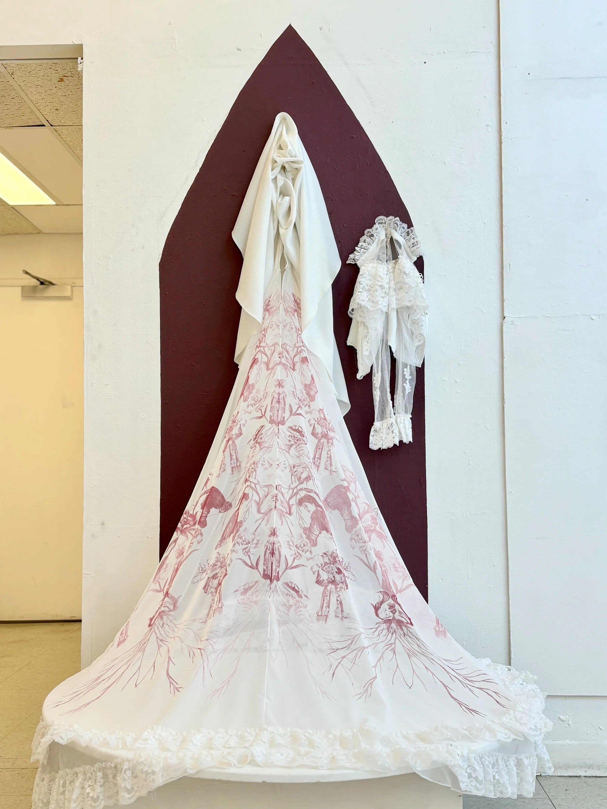"Pattern Maker", installation piece, Screen Printed Wedding Dress, 2025