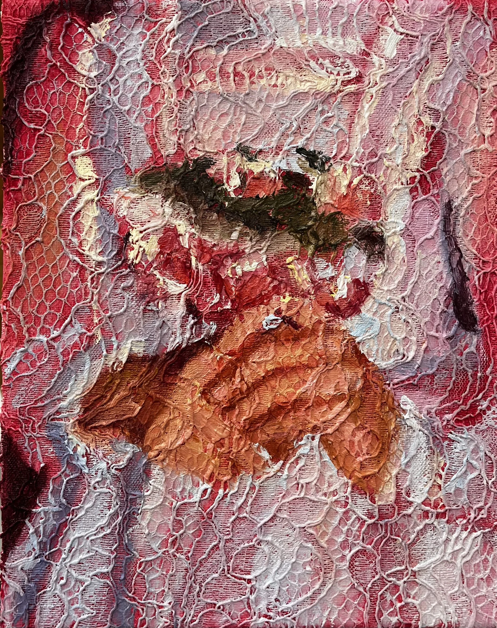 "Poised", 6 x 8 inches, Oil paint and Lace on Canvas, 2024 (SOLD)