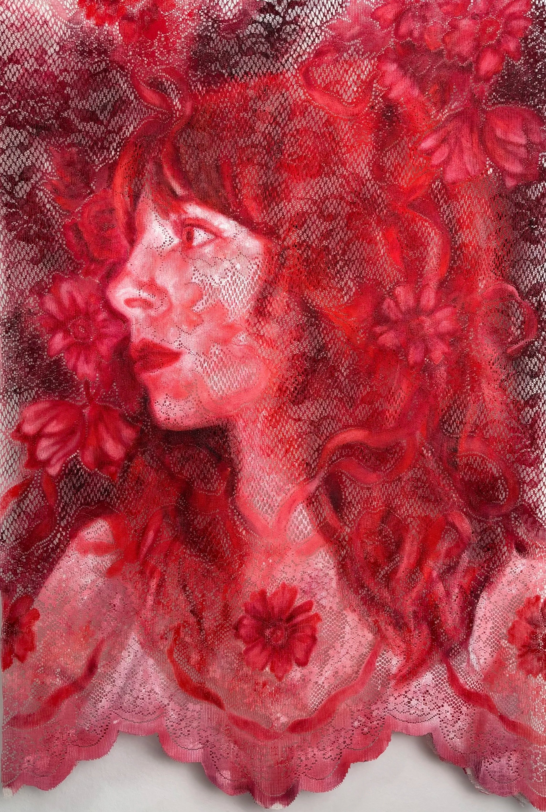 Self Portrait on Lace, oil paint on lace, 16 x 20 inches, 2025