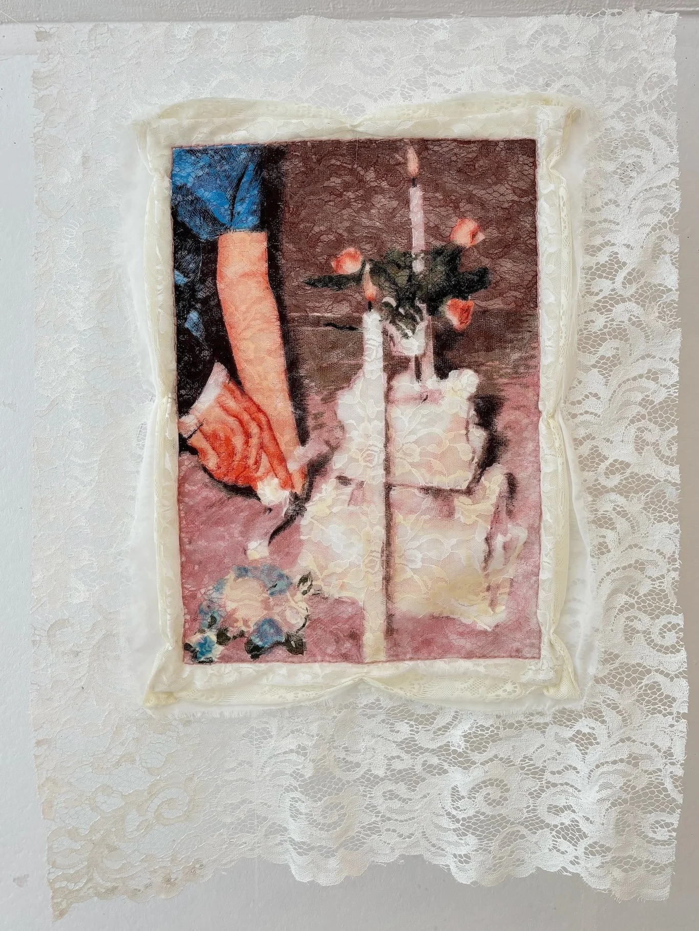 "Something Blue", Screen Print Edition on various textiles, embroidery thread, Gesso, 2025