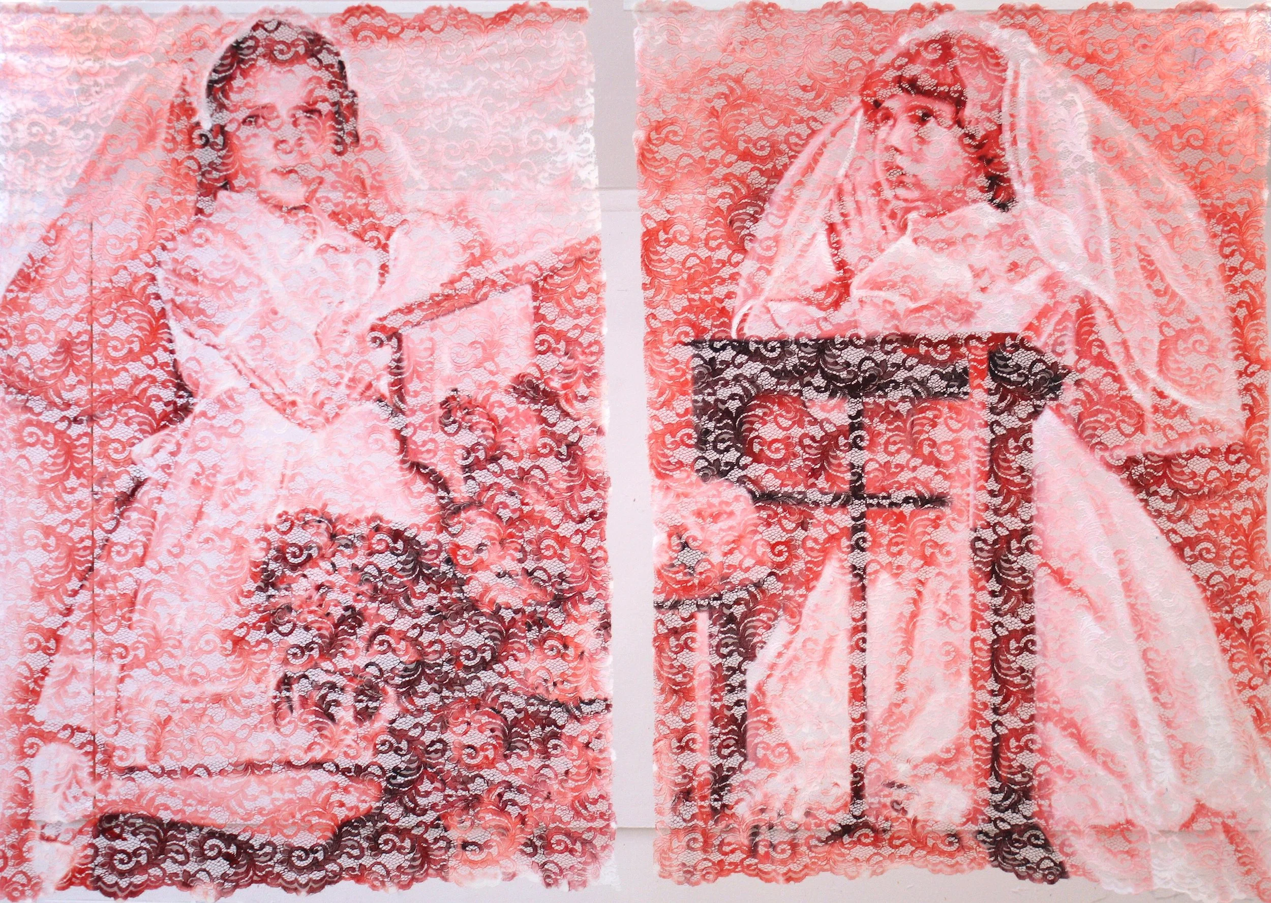 "Like Mother Like Daughter" Oil Paint on Lace, hung with wood and fishing wire