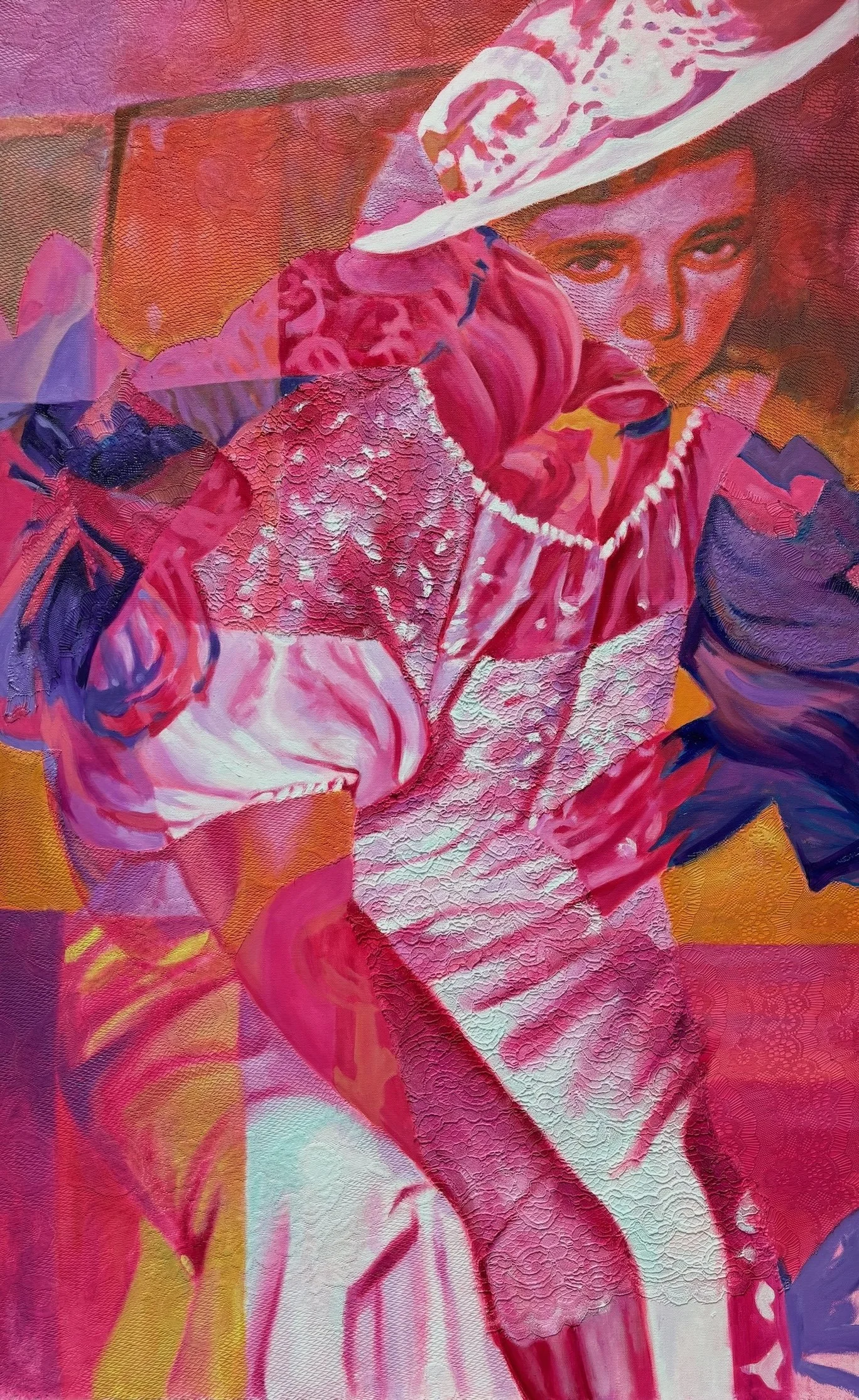 "Newlywed", 30 x 48 inches, Oil and Lace on Canvas, 2025