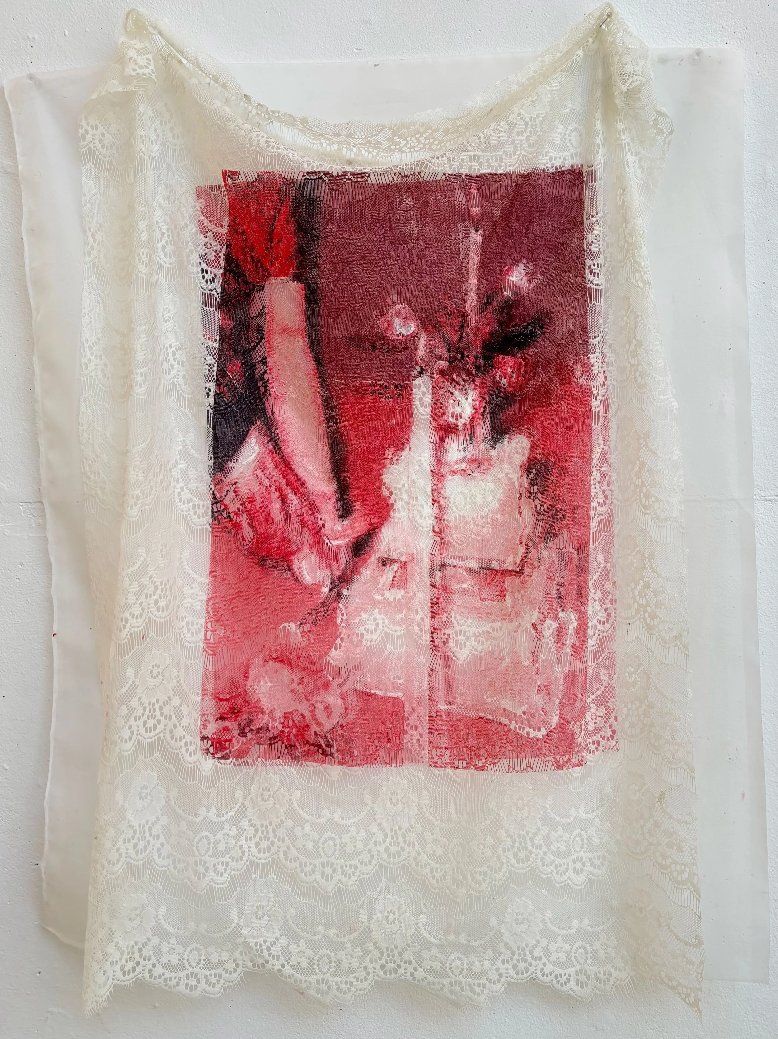 "Something Blue (Red edition", Screen print on lace and chiffon