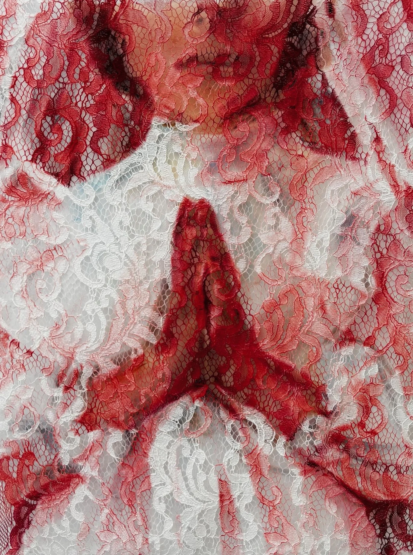 "Poised", oil paint on lace and chiffon, 16 x 20 inches, 2024