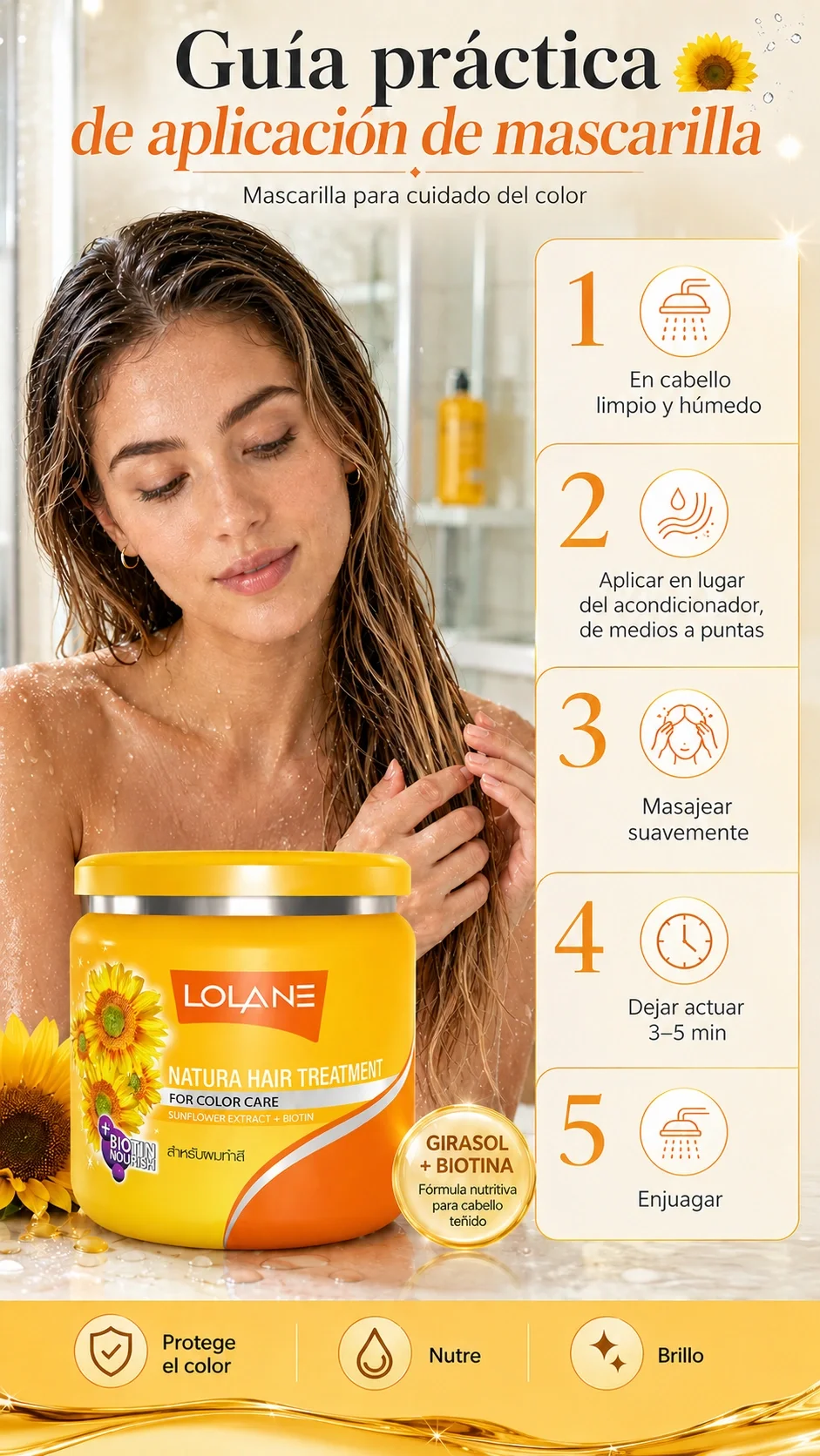 mascarilla con extracto de girasol para el cuidado del color nutre da brillo y protege del rayos uv fortalece la hebra capilar marca lolane y tai care