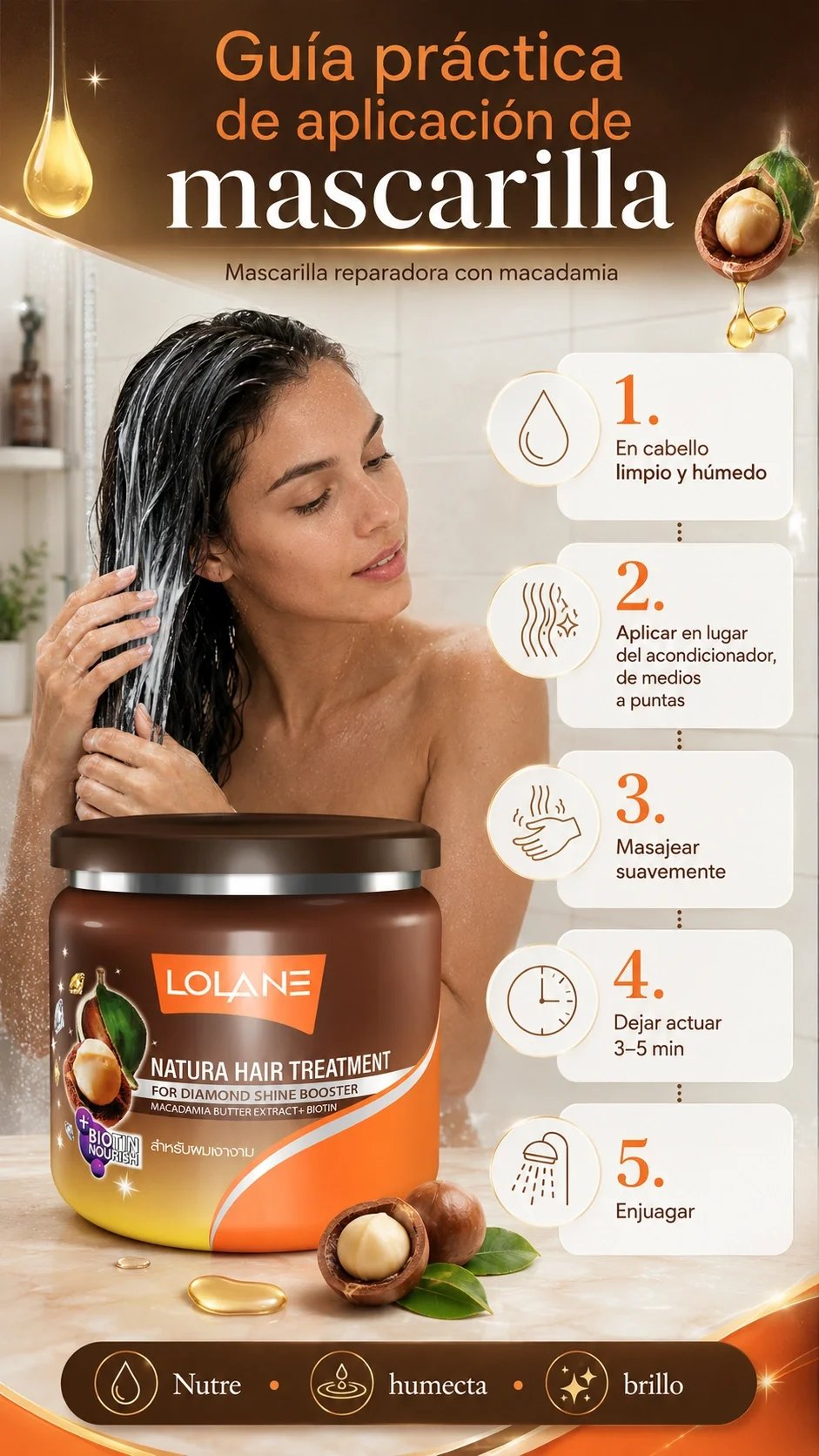 mascarilla con macadamia y biotina para cabello seco y maltratado nutre protege del medio ambiente y da brillo marca lolane y tai care