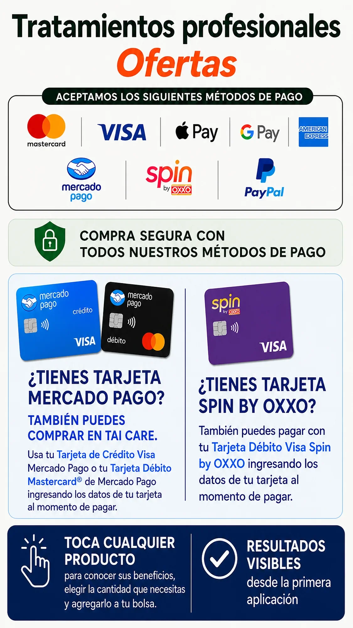 Cartel promocional que anuncia tratamientos profesionales y métodos de pago aceptados, incluyendo tarjetas Visa, Mastercard, Apple Pay, Google Pay, American Express, Mercado Pago, Spin by OXXO, y PayPal. También informa que se puede pagar con tarjetas de crédito y débito en Mercado Pago y OXXO, recomendando usar la tarjeta Visa para Mercado Pago y Oreo para Spin by OXXO, ingresando datos en línea. Incluye instrucciones para conocer beneficios de productos y resultados visibles desde la primera aplicación.