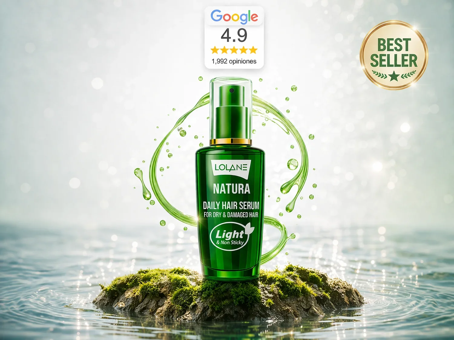 Serum capilar LOLANE Natura para cabello seco y dañado con textura ligera sin grasa, calificación Google 4.9 y efecto profesional desde la primera aplicación en Tai Care México.