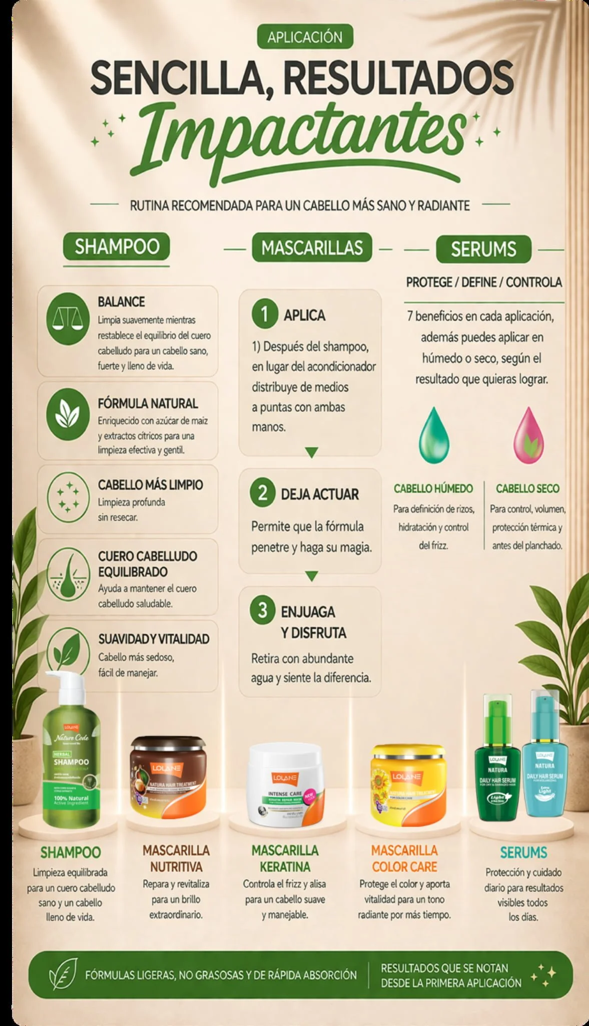 Instrucciones y beneficios para un plan de cuidado capilar con shampoo, mascarillas y sérums, en un folleto. Incluye paso a paso, descripción de productos y sus beneficios.
