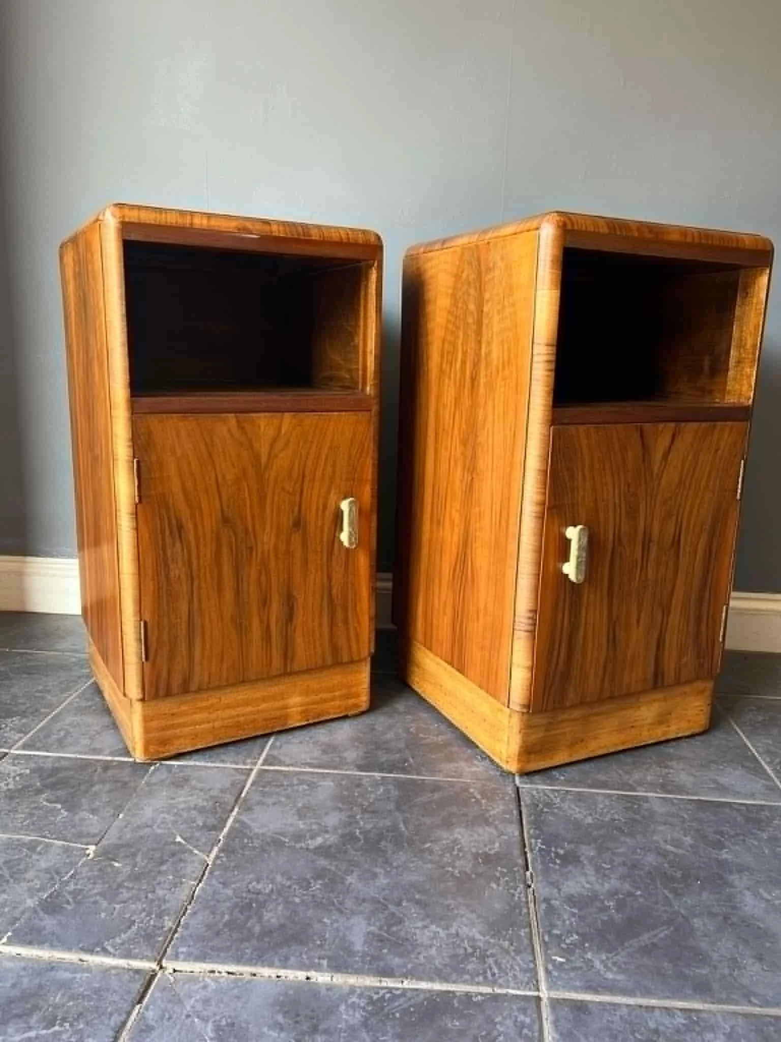 1920s - 1930s Pair of Art Deco Figured Walnut Bedside Cupboards