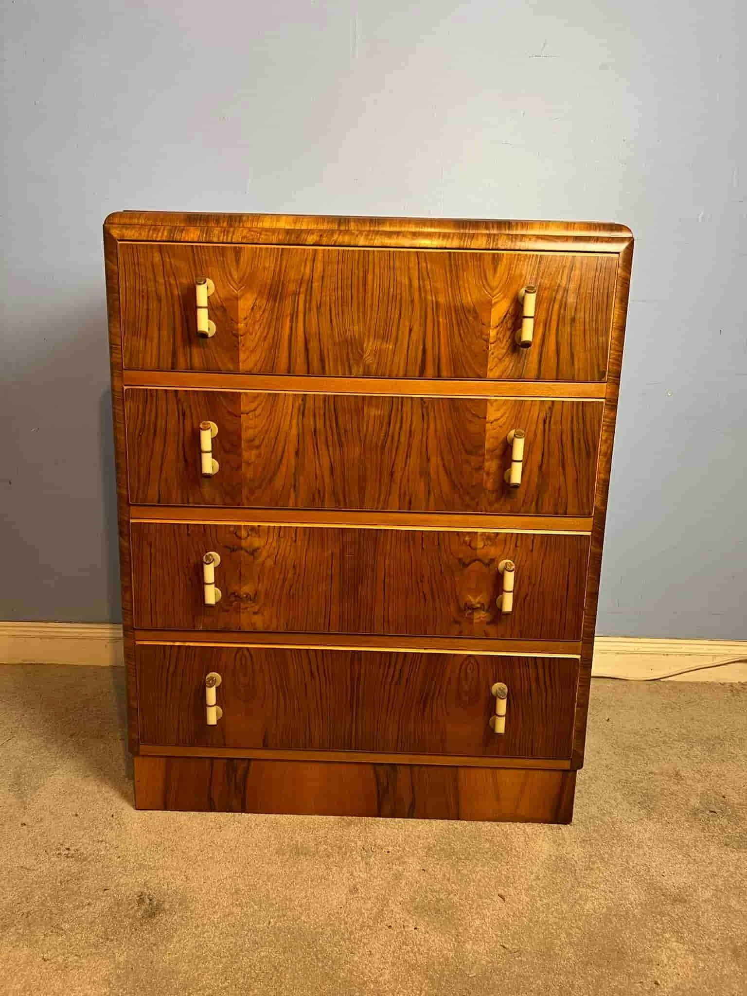 Front view of a fully restored 1930s Art Deco Burr Walnut chest of drawers after French polishing - Foxborough Furniture Kent