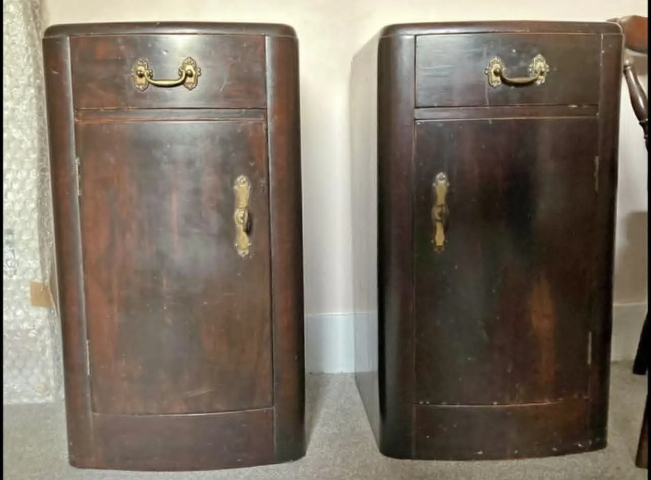 Before photo of unrestored 1920s-1930s bedside cabinets, sourced from a client in Deal, Kent, showing faded grain and surface wear.