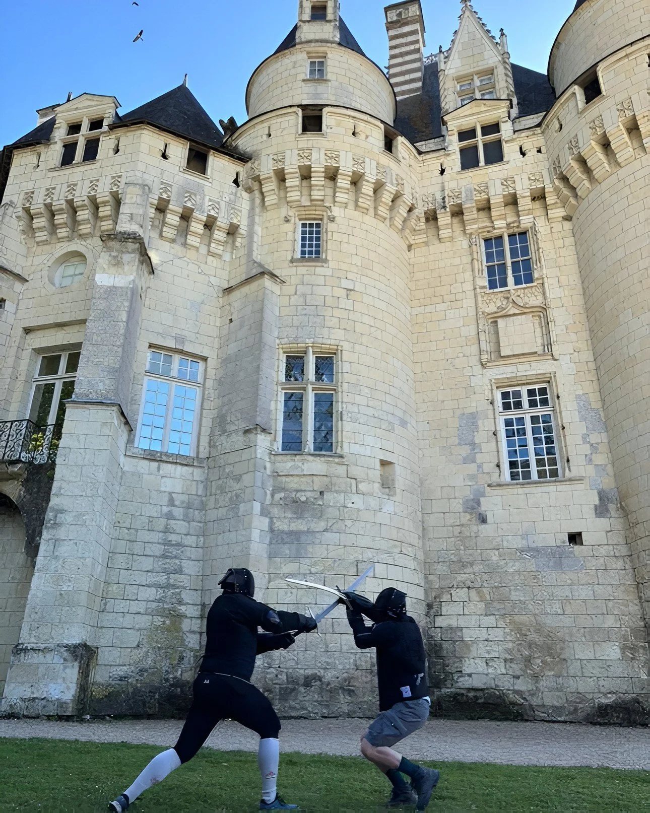 Les Héritiers de Tours pratiquant de l'AMHE devant un château