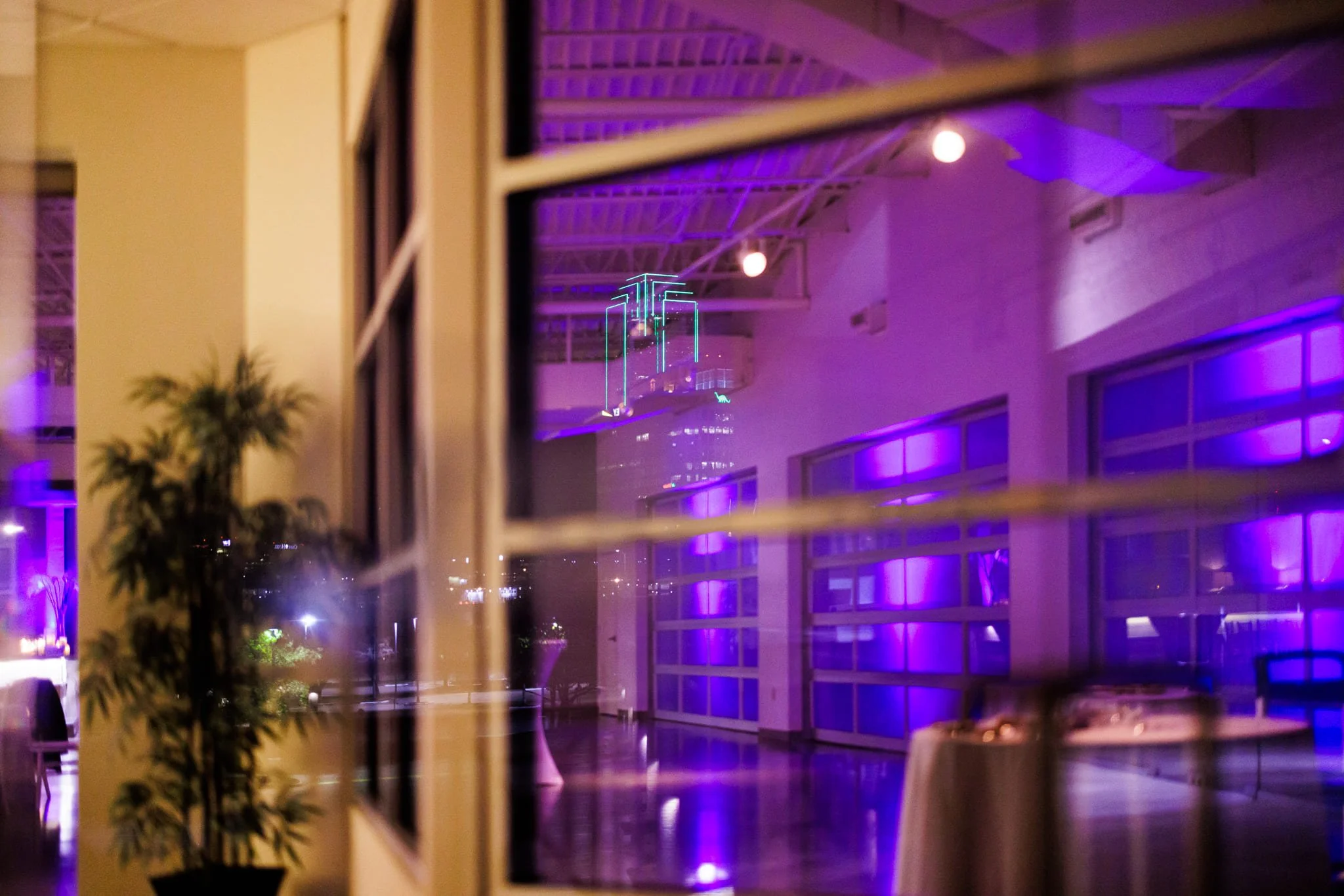 Dallas skyline reflection inside Level Two events wedding venue