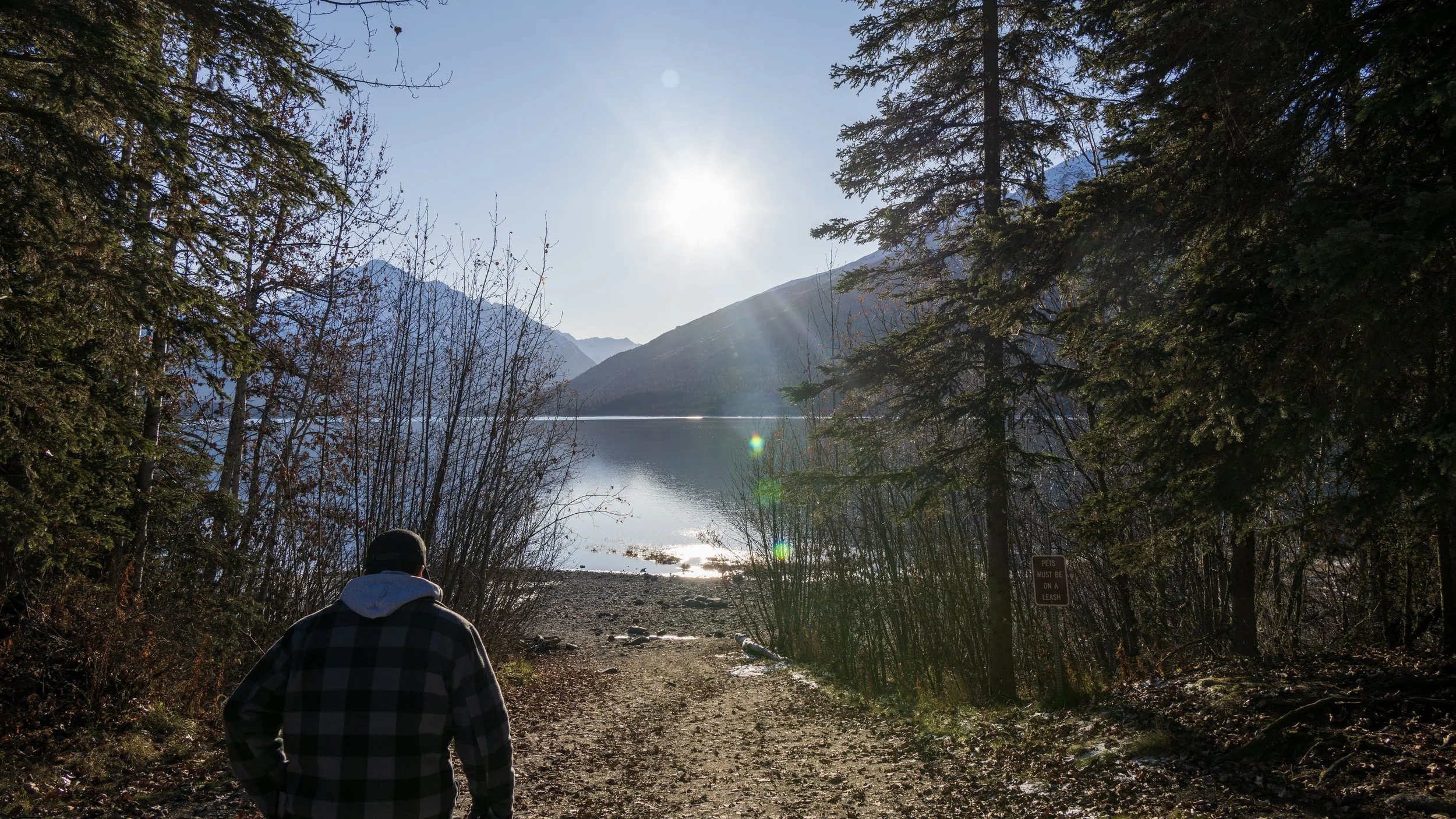 A person walking down a dirt trail towards a lake with mountains in the background, surrounded by trees and sunlight shining down.