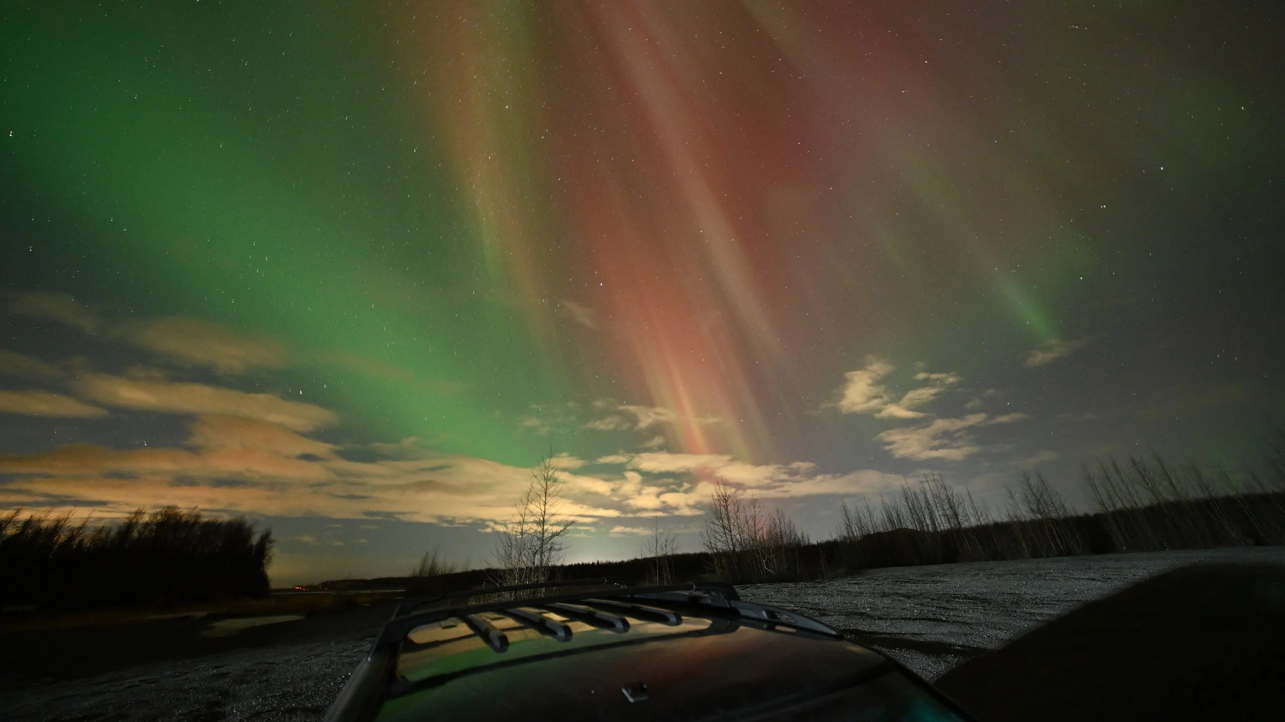 Northern lights (aurora borealis) in green and red colors in the night sky over a landscape with bare trees and a dark ground, with some clouds and star visibility.