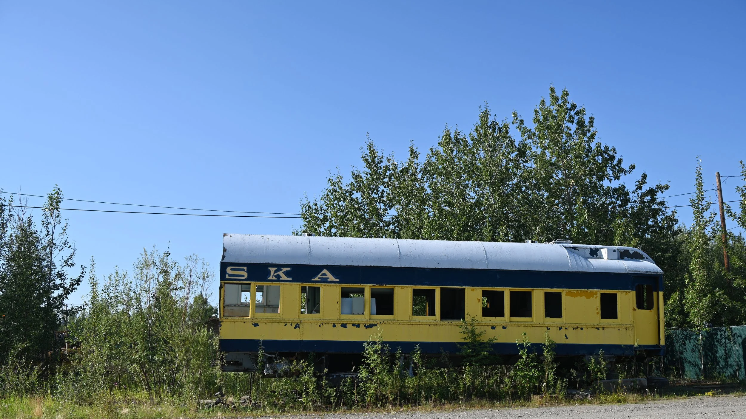 Old yellow and blue train car with the word "SKA" on the side, sitting outdoors among overgrown grass and bushes under a clear blue sky.