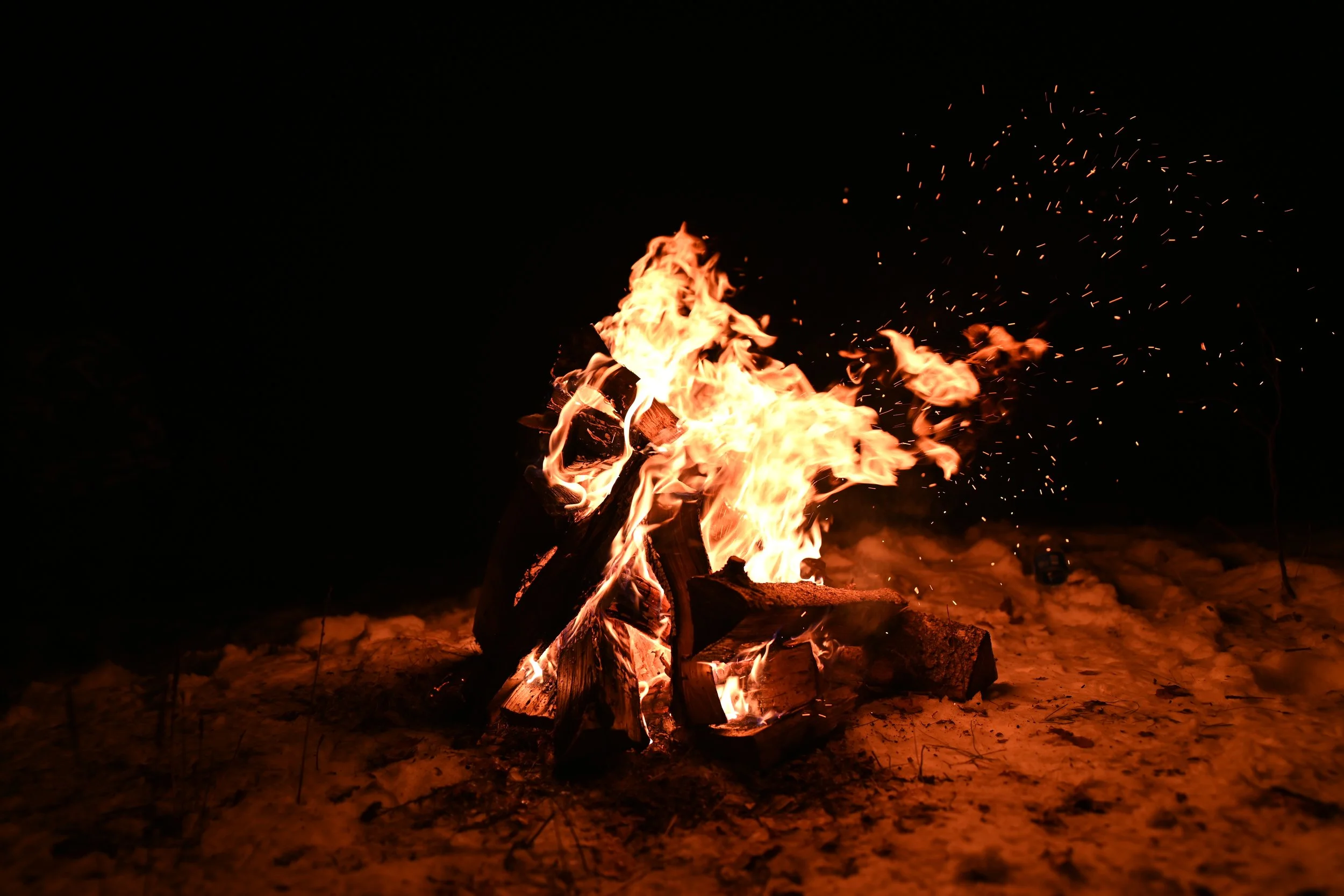 A campfire with bright orange and yellow flames burning on dark night background.