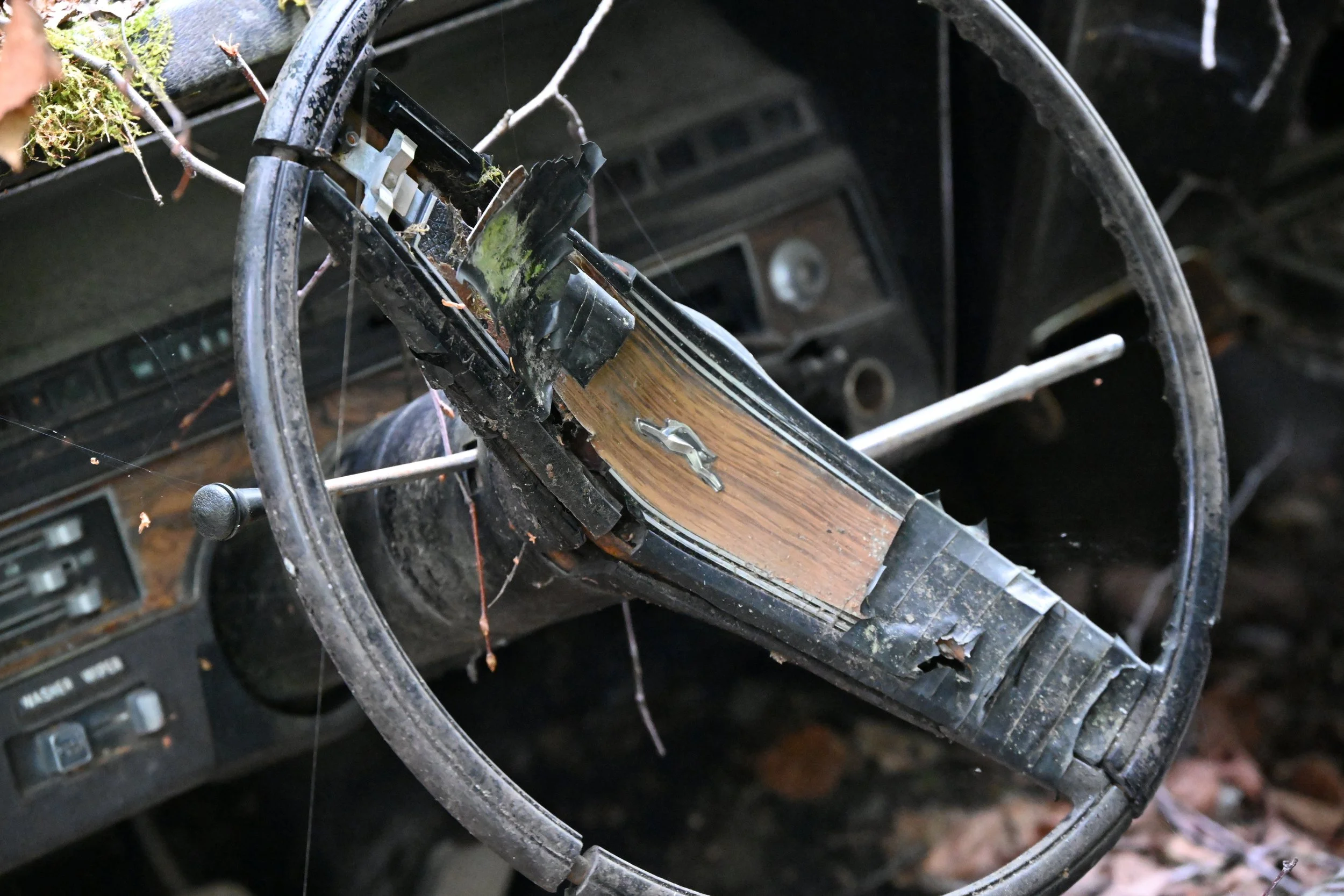 A damaged and abandoned car dashboard with a broken steering wheel, broken controls, and debris inside.