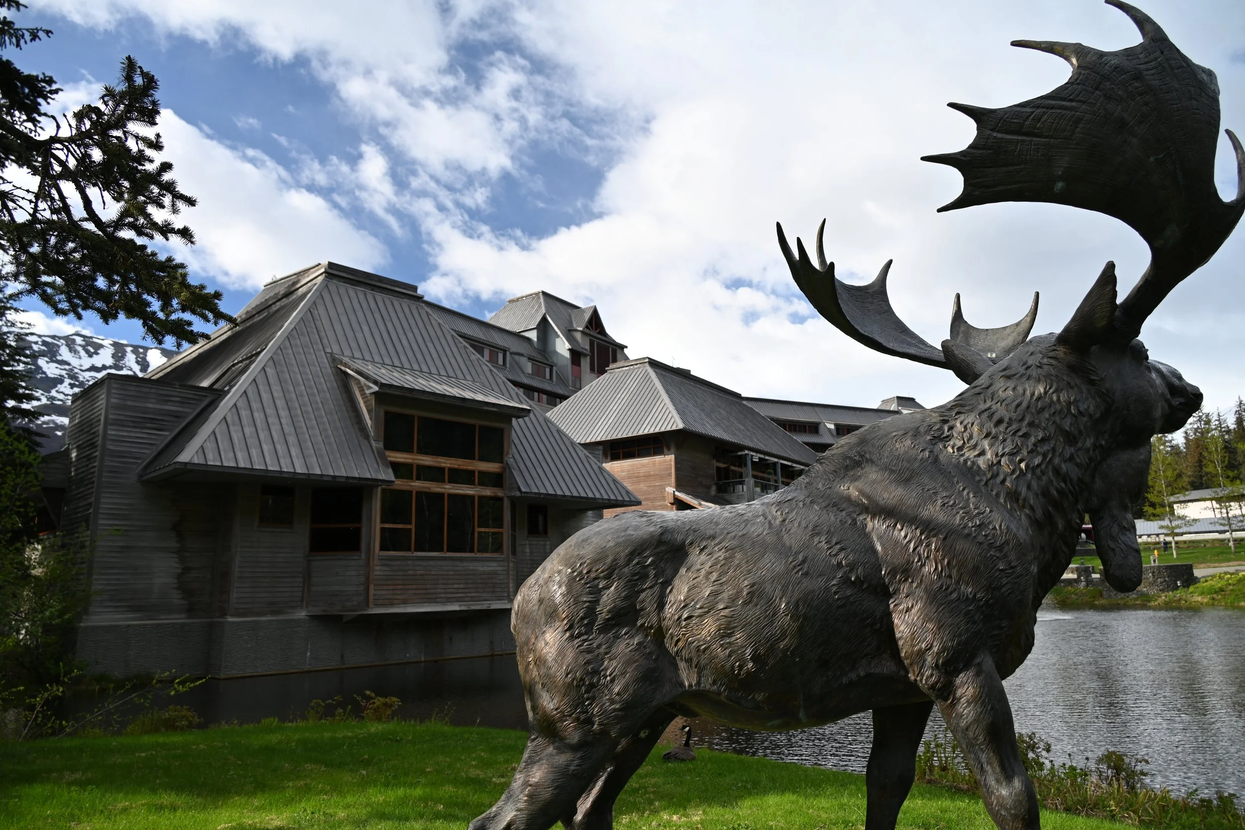 Bronze moose statue in front of a wooden building by a lake, with trees and mountains in the background under a partly cloudy sky.