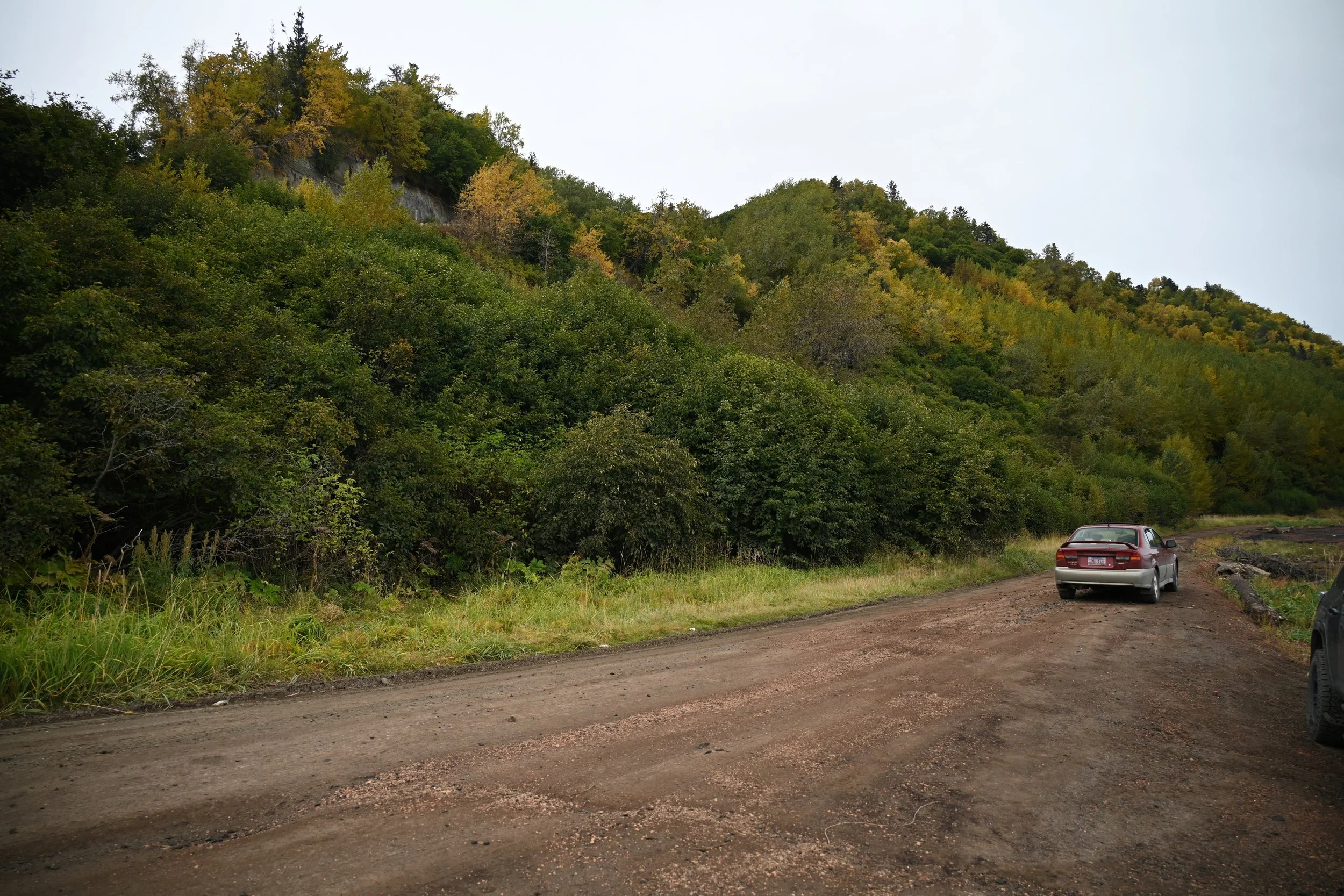 A rural dirt road with greenery and trees on the side, mountains in the background, and two cars parked along the road.