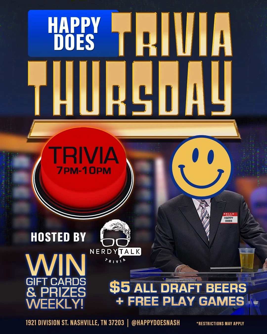 Get to thinkin&rsquo; then to drinkin&rsquo;! 🚨 Play games for FREE, sip on $5 Draft Beers and test your knowledge at Trivia Night with @nerdytalktrivia. Top 3 winners receive prizes with 1st Place taking home a $75 Gift Card! Doors open @ 5PM | Tri