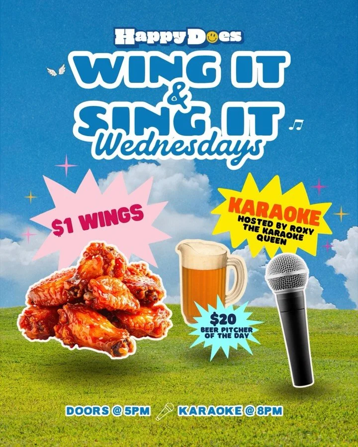 $1 WINGS is something to SING about! Get &rsquo;em plain or choose from 11 flavors and wash it down with a $20 pitcher of the day. Wing it and Sing it every Wednesday at Happy! 🍗🎤