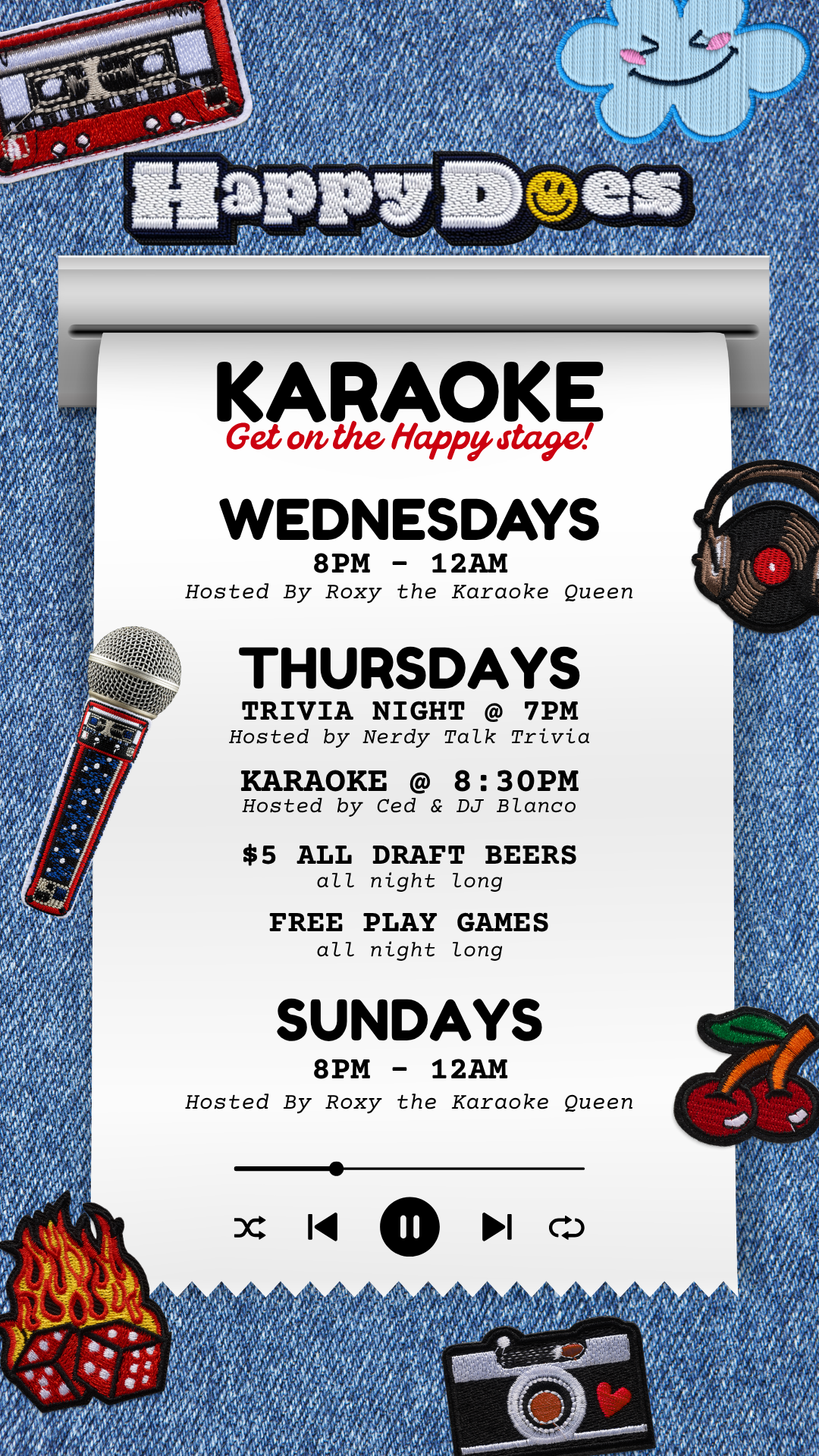 Event schedule flyer on denim fabric background featuring patches of a cloud with a smile, a microphone, a record player, a cherry, a fire, and a camera promoting karaoke nights on Wednesdays and Sundays, trivia, and beer specials.