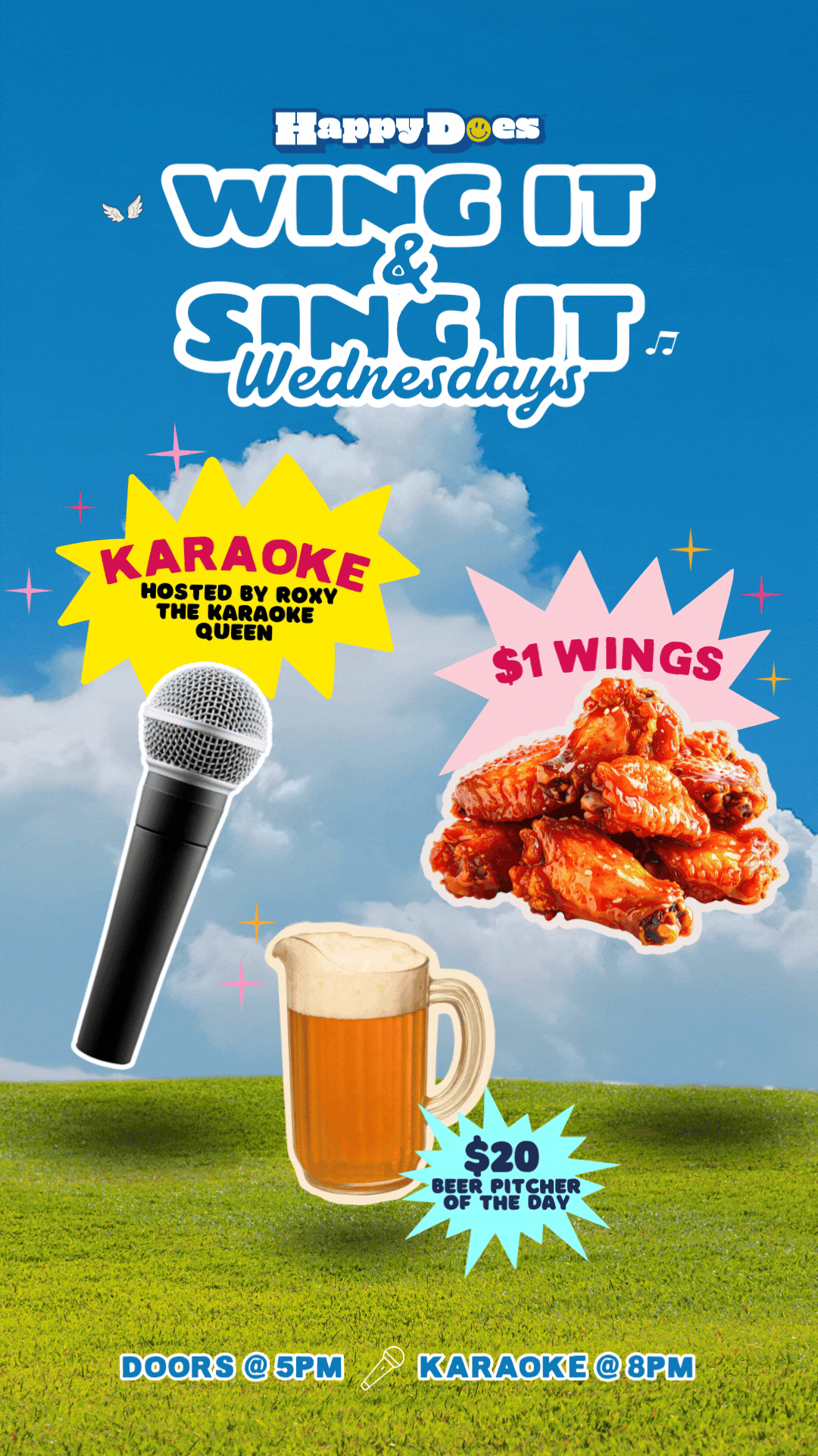 A colorful poster advertising a Wednesday event featuring food and entertainment. It shows two women singing karaoke on stage with a large beer mug and chicken wings in front of them. The poster highlights beer and wings specials, with $1 wings and $20 beer pitchers. The event starts with doors at 5 PM and karaoke at 8 PM, at Happy D's Nashville.