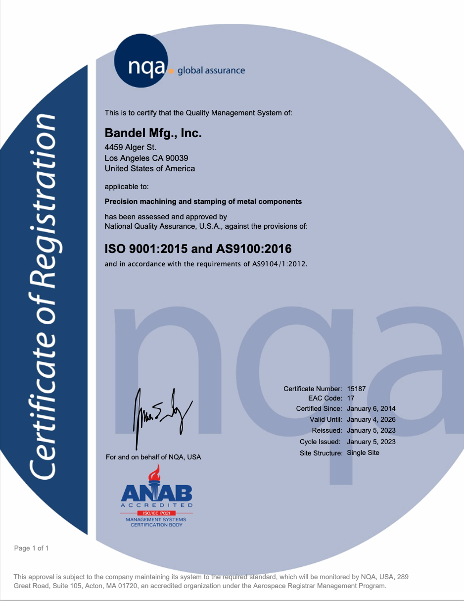 ISO 9001:2015 certification document awarded to Bandel Mfg., Inc. from NQA, USA, for quality management system compliance.