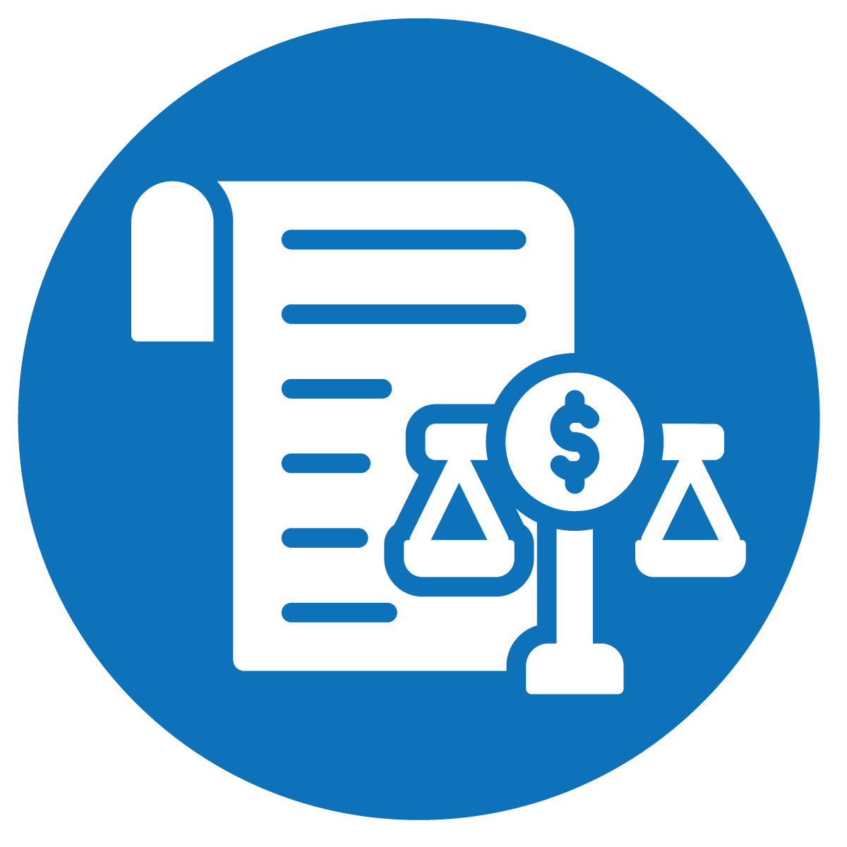 Icon representing legal or financial document with scales of justice and a dollar sign on a blue background