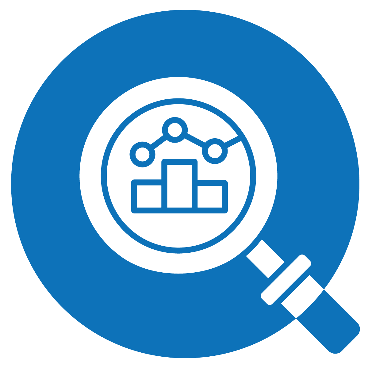 Magnifying glass over a bar chart and line graph icon, representing data analysis or research.