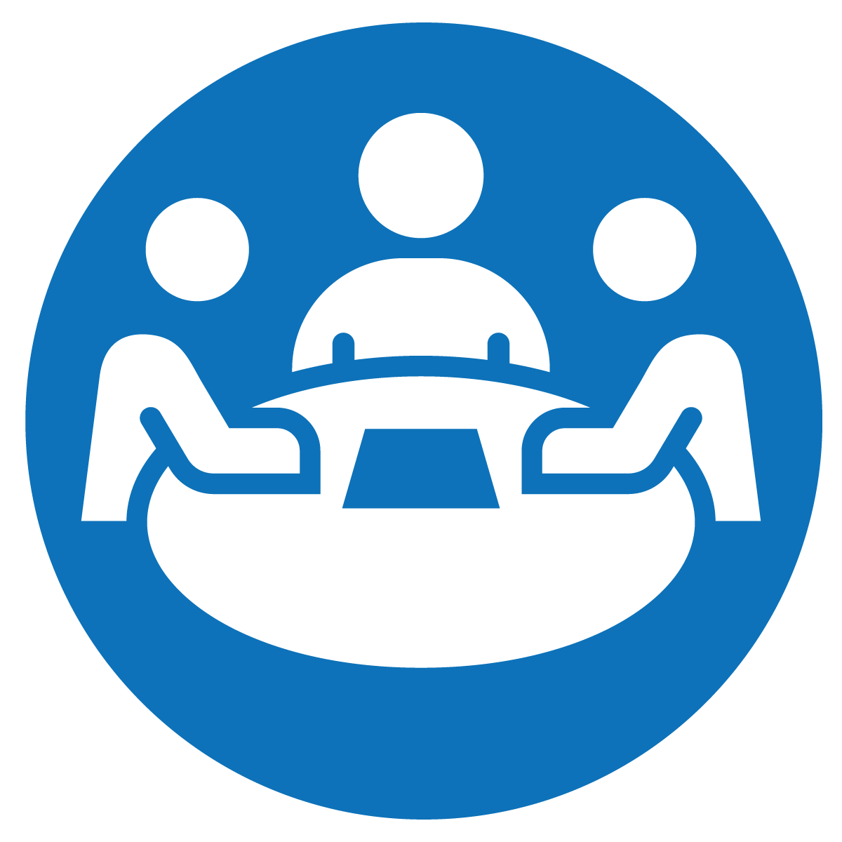 Icon of three people sitting around a table, symbolizing a meeting or discussion.