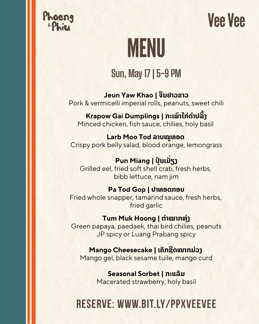 The menu for Phaeng & Phiu at Vee Vee featuring Chef Veo's creative take on Lao food