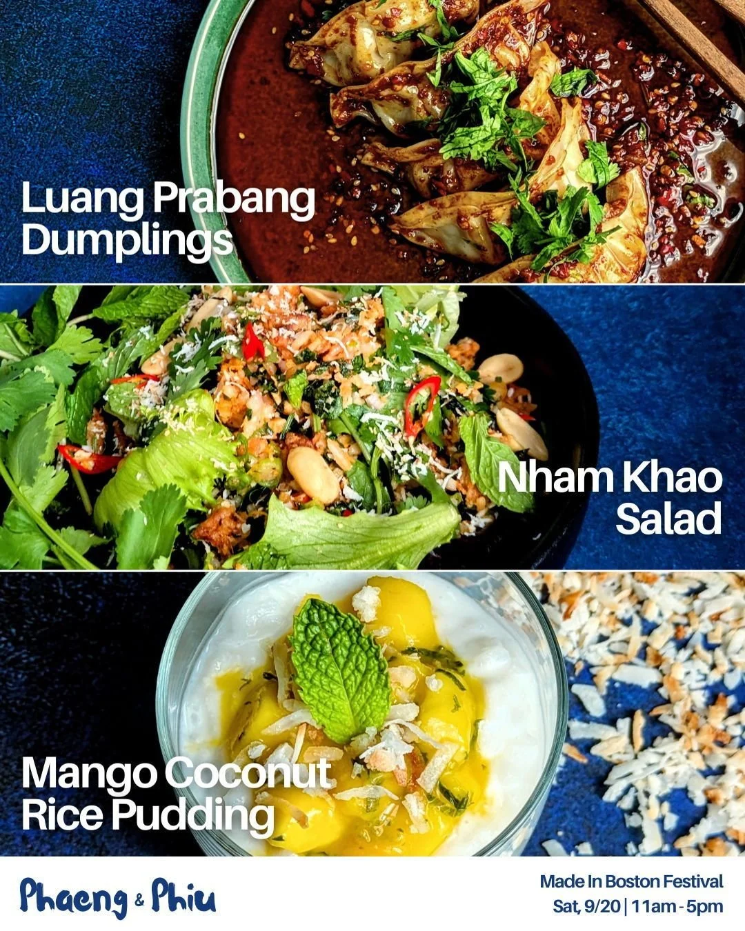This Saturday, we're bringing some fan faves to the @naaap_boston Made in Boston Festival at historic @faneuilhallmarketplace. Peep the menu:

🥟 Luang Prabang Dumplings: Shrimp and pork, lots of lemongrass, jaew bong chili oil

🥗 Nham Khao Salad: C