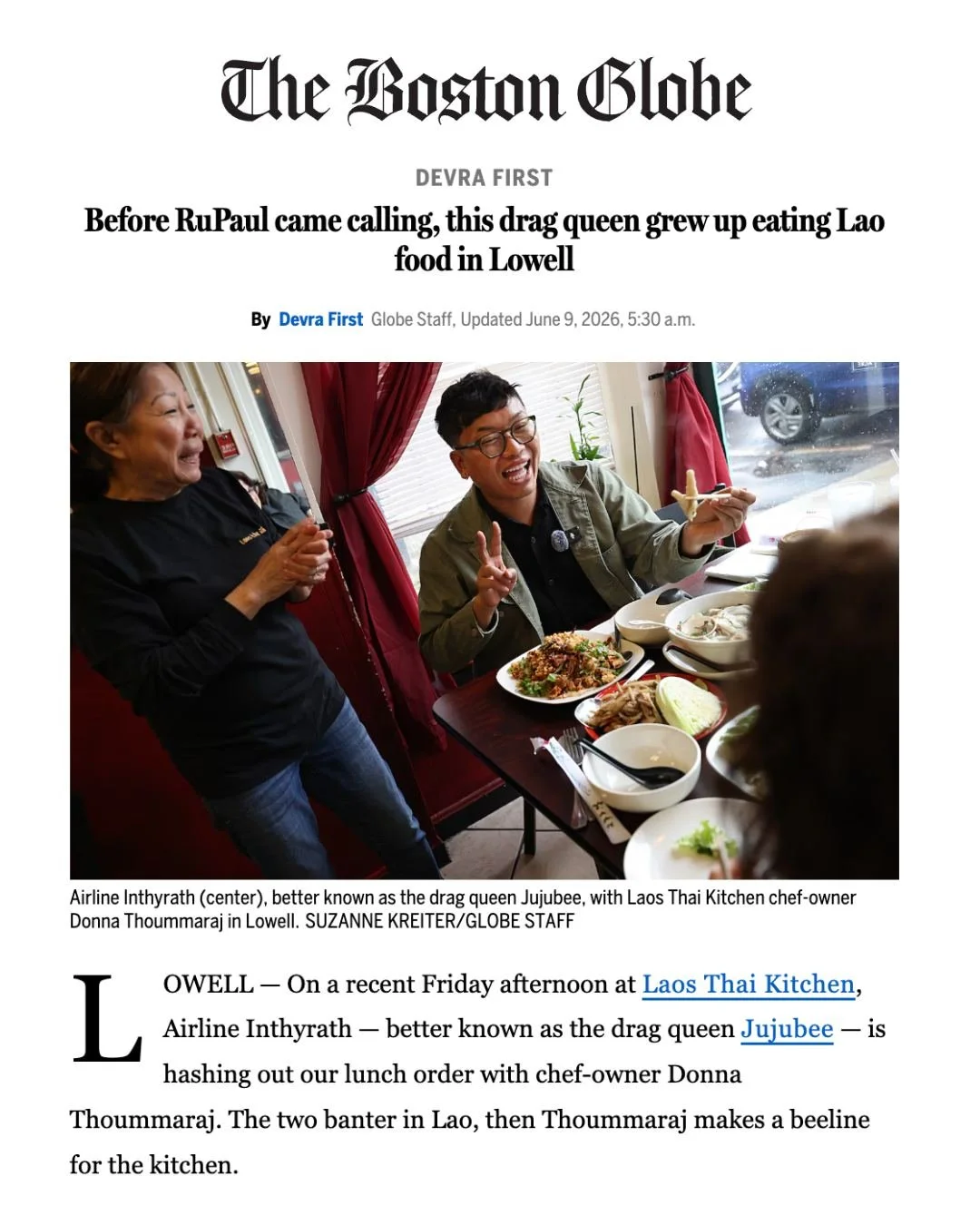 So proud to be mentioned alongside @jujubee -- THE left-handed Lao drag queen 🤩 -- and Lowell's @laothaikitchen in the @bostonglobe this week!

Seeing Laos, our food, our culture, our people, represented in these pages reminds me that we have a voic