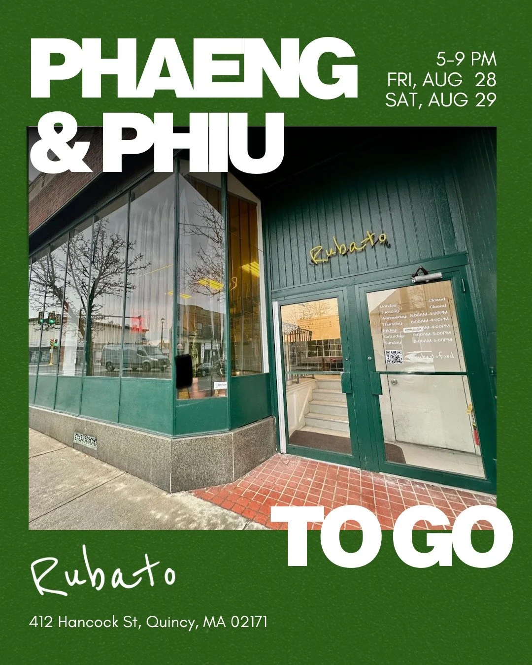 We've had a little too much fun this summer 😎 (maybe you've seen me in kitchens around town), and we're excited to be back!  We're keeping it casual and featuring a takeout menu with our friends at @rubatofood Friday, Aug 28th and Saturday, August 2