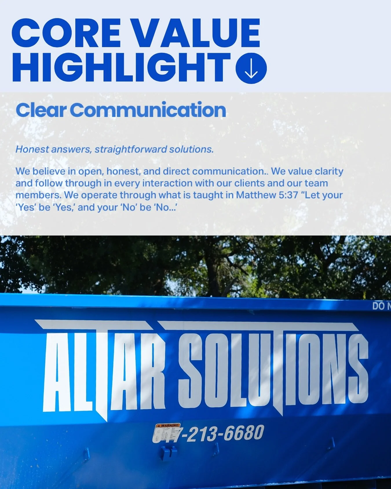 🔵CORE VALUE HIGHLIGHT🔵

Clear Communication

Honest answers, straightforward solutions.
We believe in open, honest, and direct communication.. We value clarity and follow through in every interaction with our clients and our team members. We operat