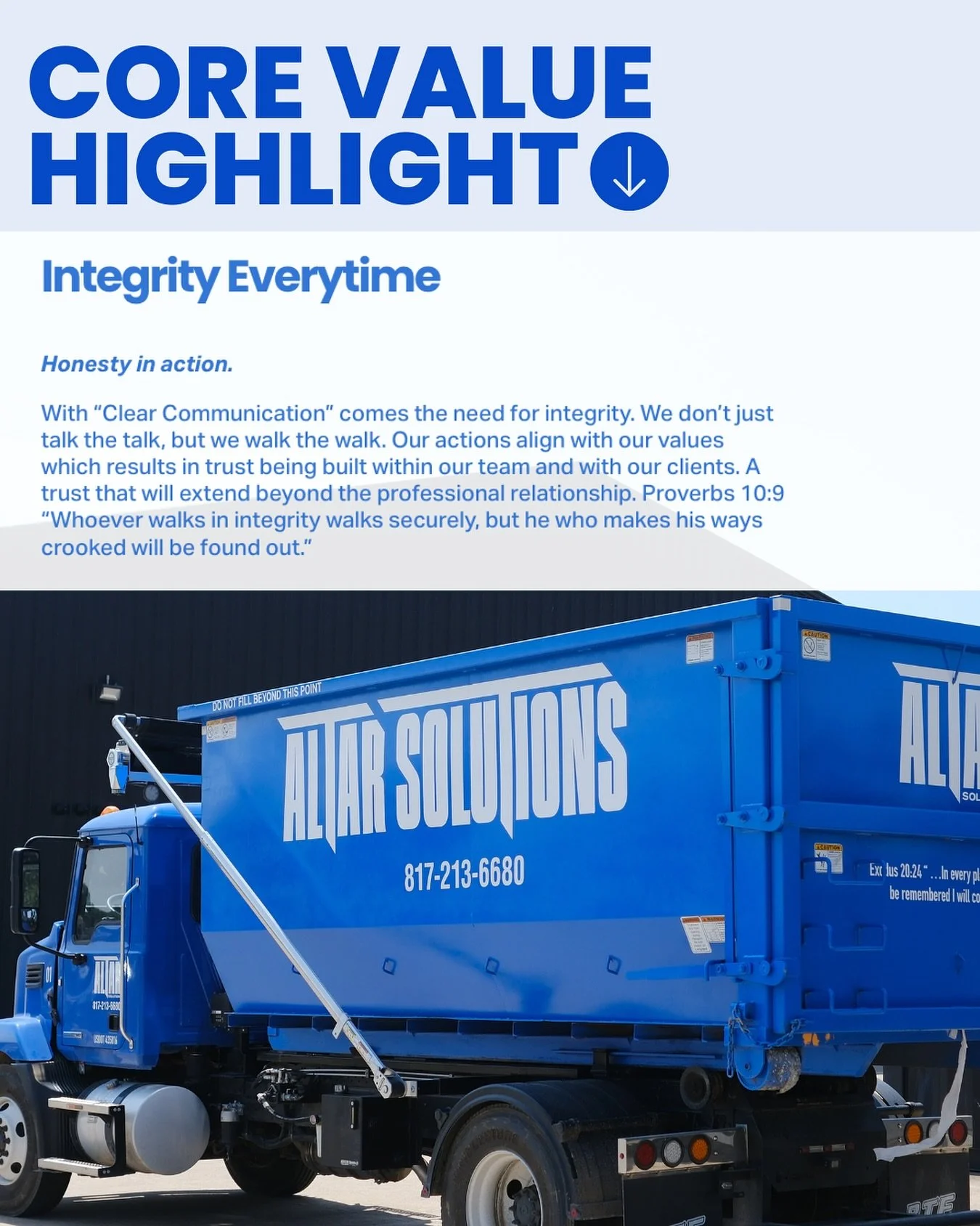 We value our customers and because we do, we choose Integrity Every Time!