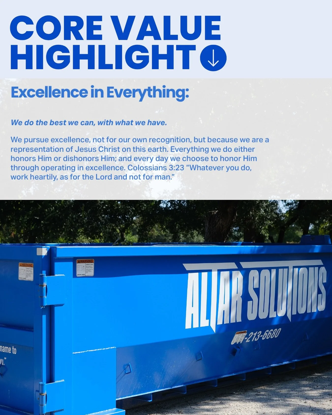 ⭐️ Excellence in Everything ⭐️
We do the best we can, with what we have.

We pursue excellence, not for our own recognition, but because we are a representation of Jesus Christ on this earth. Everything we do either honors Him or dishonors Him; and e