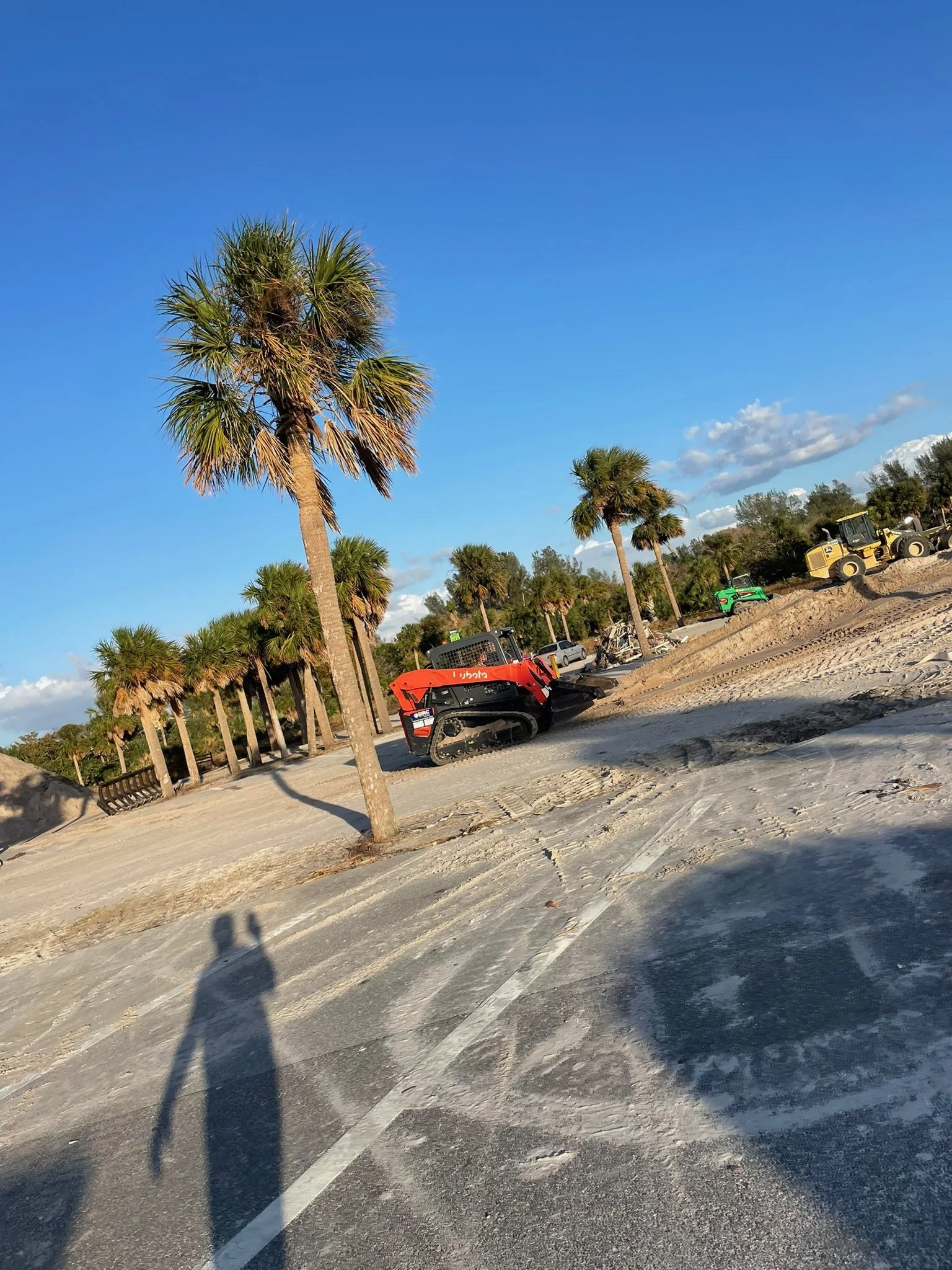 Construction site with palm trees, construction vehicles, and equipment on sandy ground under a blue sky.