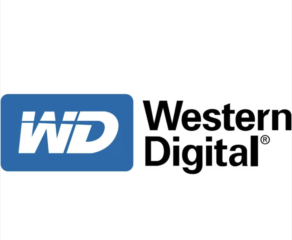 Western Digital logo with blue rectangle containing stylized WD initials and black text reading "Western Digital"