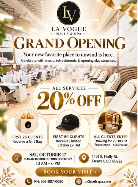 Grand Opening this weekend 10/17 @lavogue_nailsandspa at The Village Park! 10am. 

Come say hi to Vu and Dora Tran and their amazing team of specialists. 20% off all services and early birds get some fun swag!