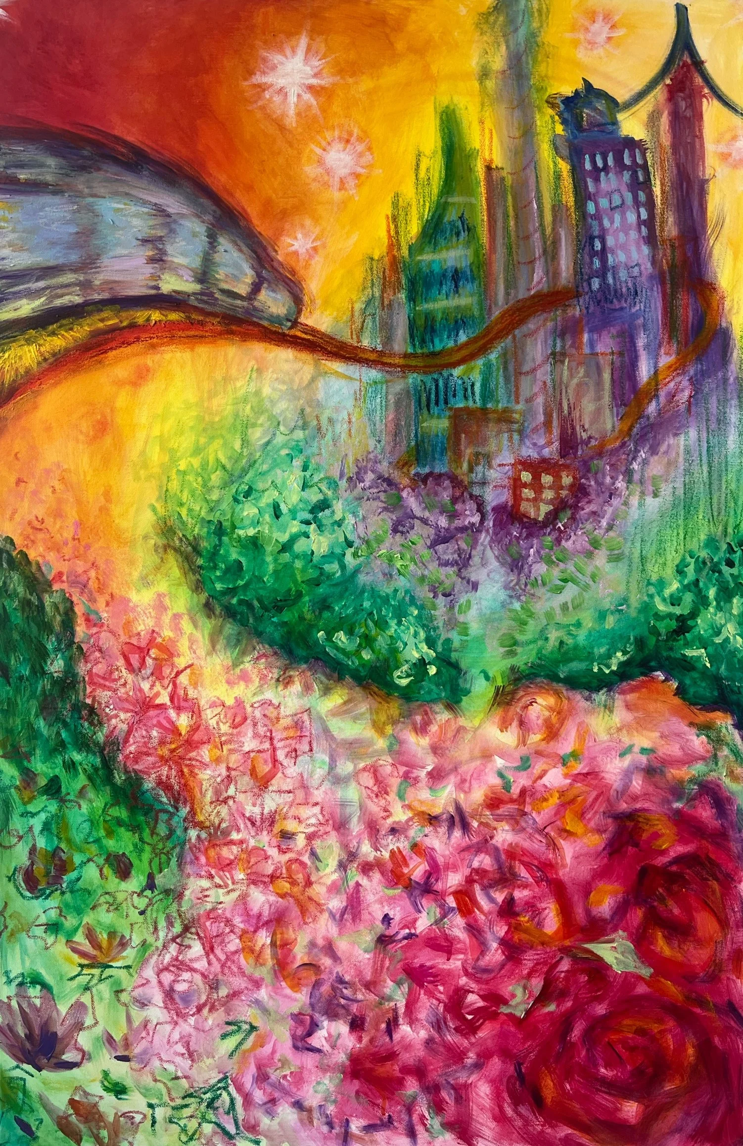 Roots and Rooftops, acrylic on canvas, Spring 2025