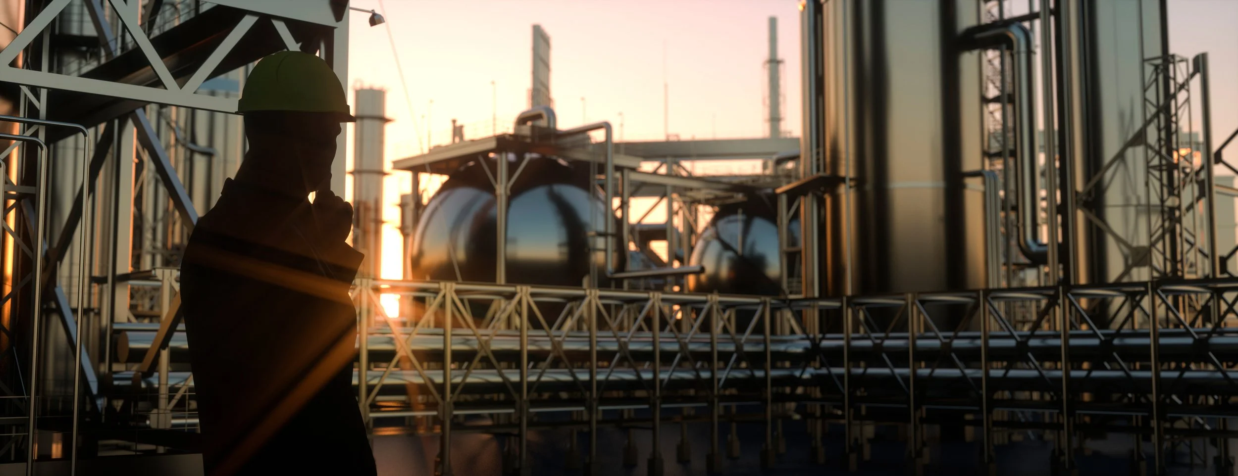 Silhouette of a worker wearing a hard hat at an industrial facility during sunset, with metal structures and tanks in the background.