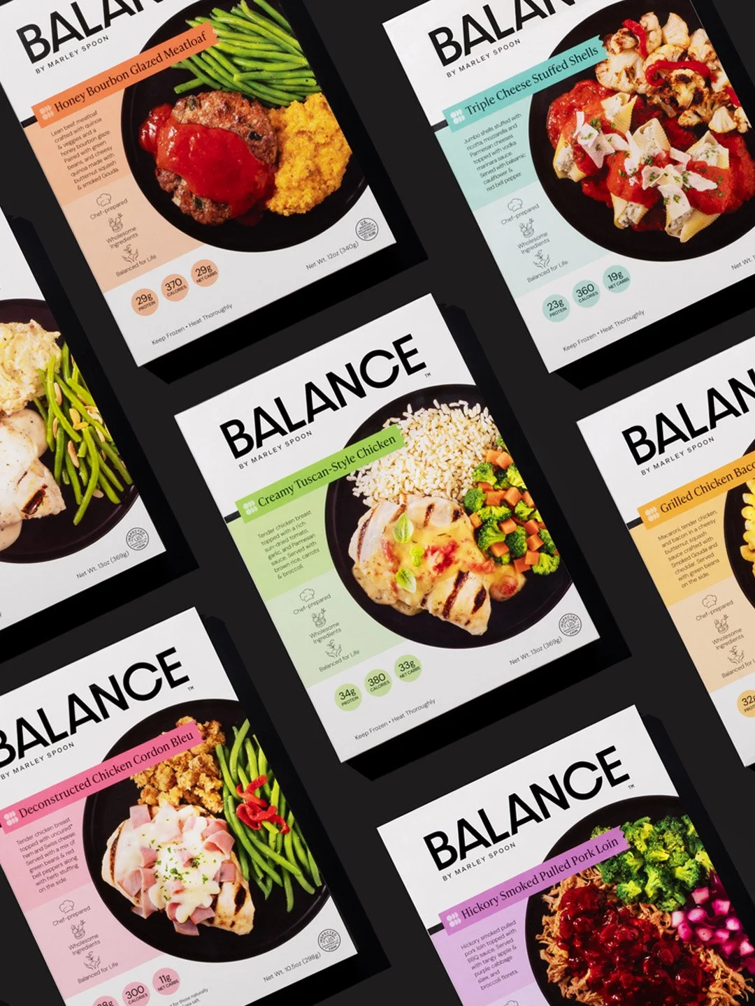 Collection of Balance by MarleySpoon meal kits, including Honey Bourbon Glazed Meatloaf, Triple Cheese Stuffed Shells, Creamy Tuscan-Style Chicken, Deconstructed Chicken Cordon Bleu, and Hickory Smoked Pulled Pork Loin, on a black background.