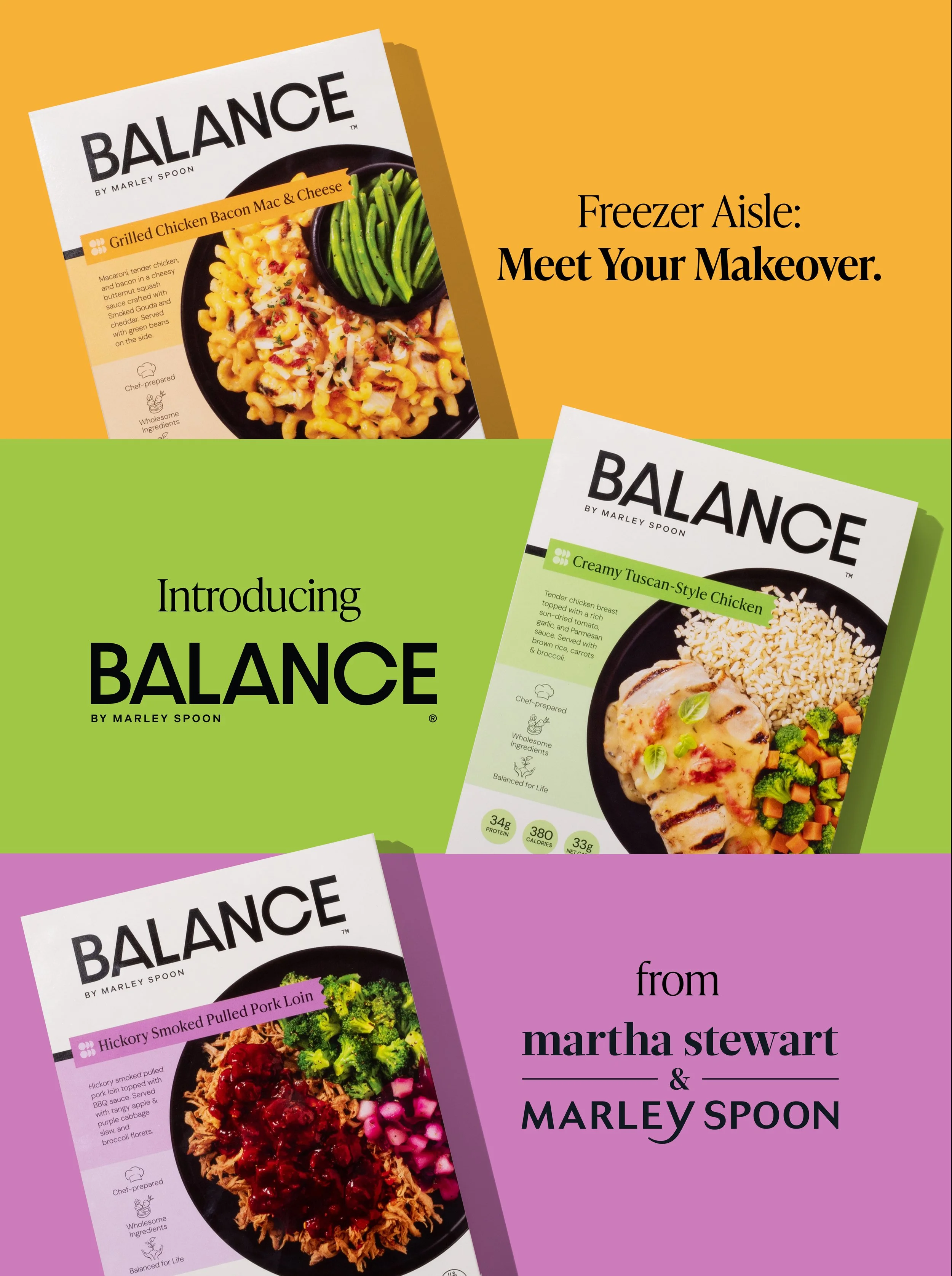 Advertisement featuring three frozen meal packages from Balance by Marley Spoon with vibrant colored backgrounds (orange, green, purple). The text promotes the brand and introduces Martha Stewart and Marley Spoon, highlighting meal options.