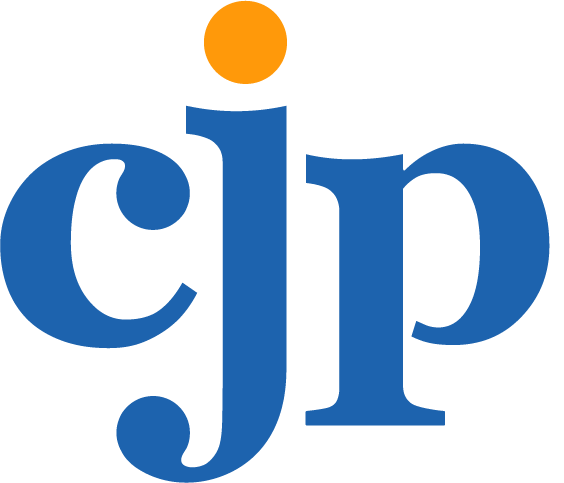 The CJP logo features the lowercase letters 'c', 'j', and 'p' in blue, with an orange dot above the 'j', representing a stylized design.